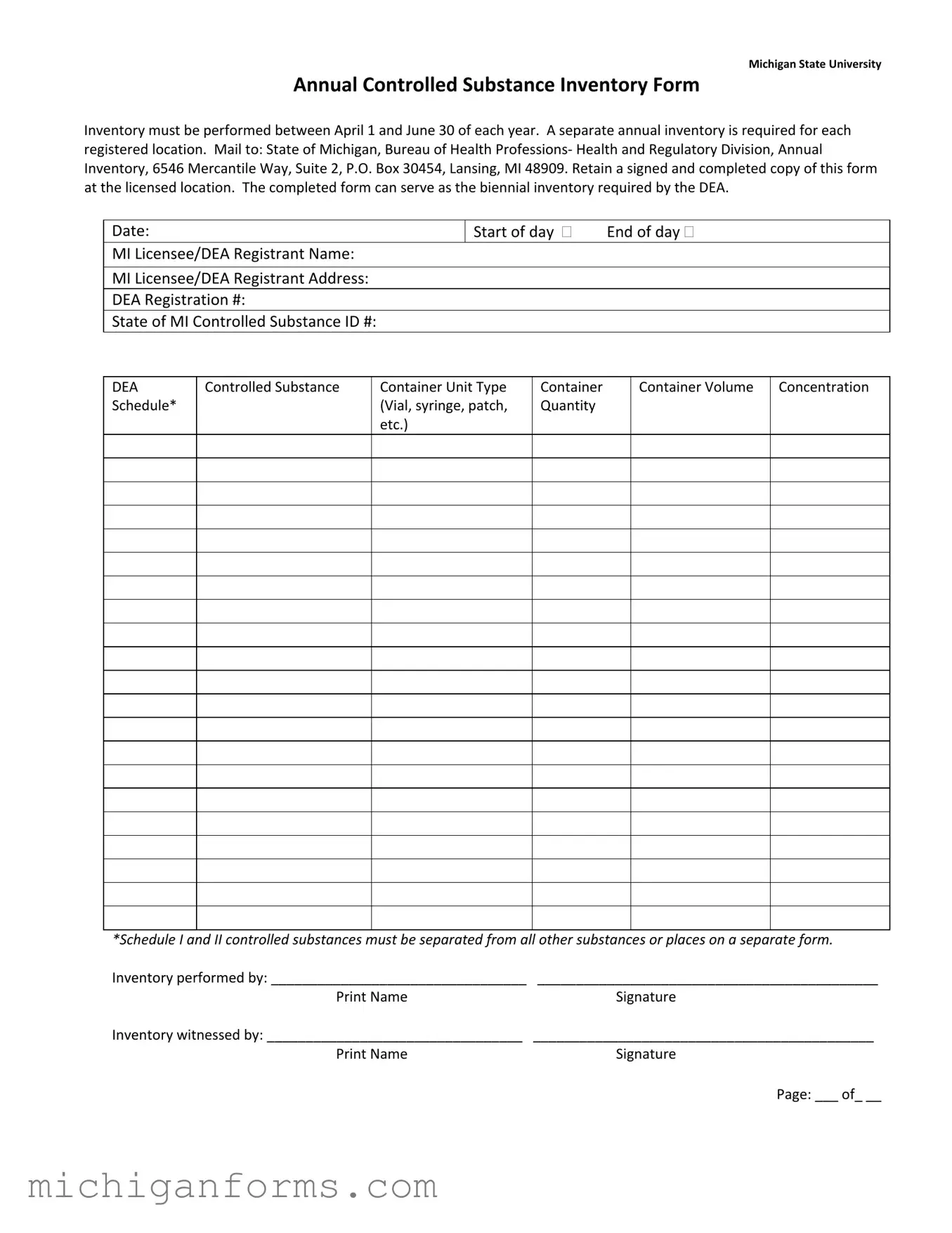 Control Substance Inventory Michigan PDF Form