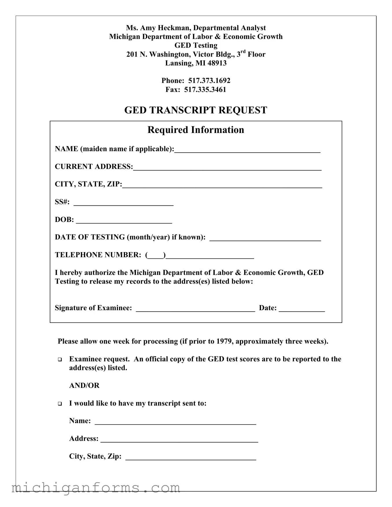 Michigan Ged Transcript Request PDF Form