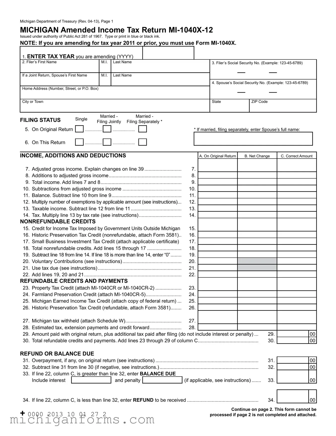 Mi 1040X 12 PDF Form