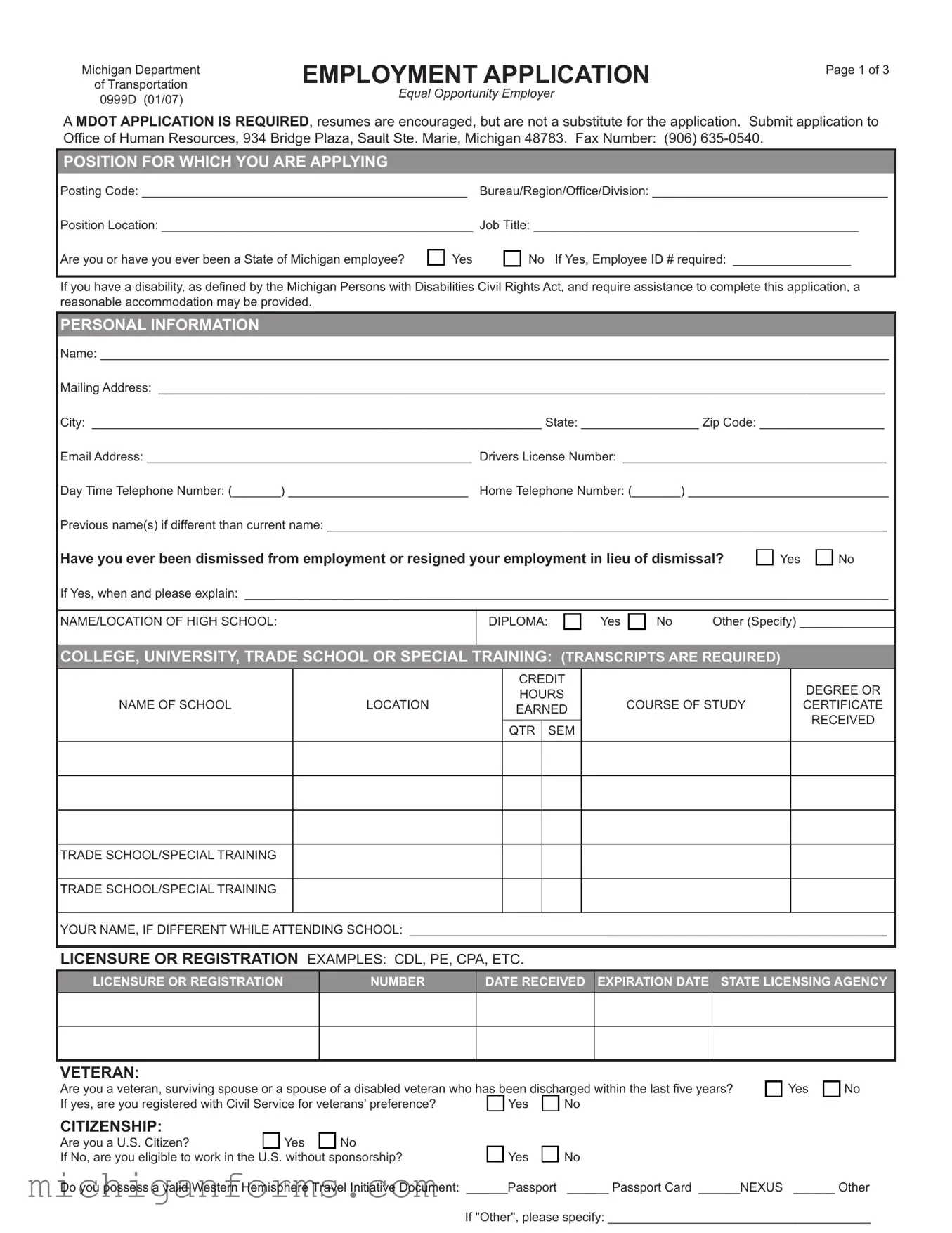 Michigan 0999D PDF Form