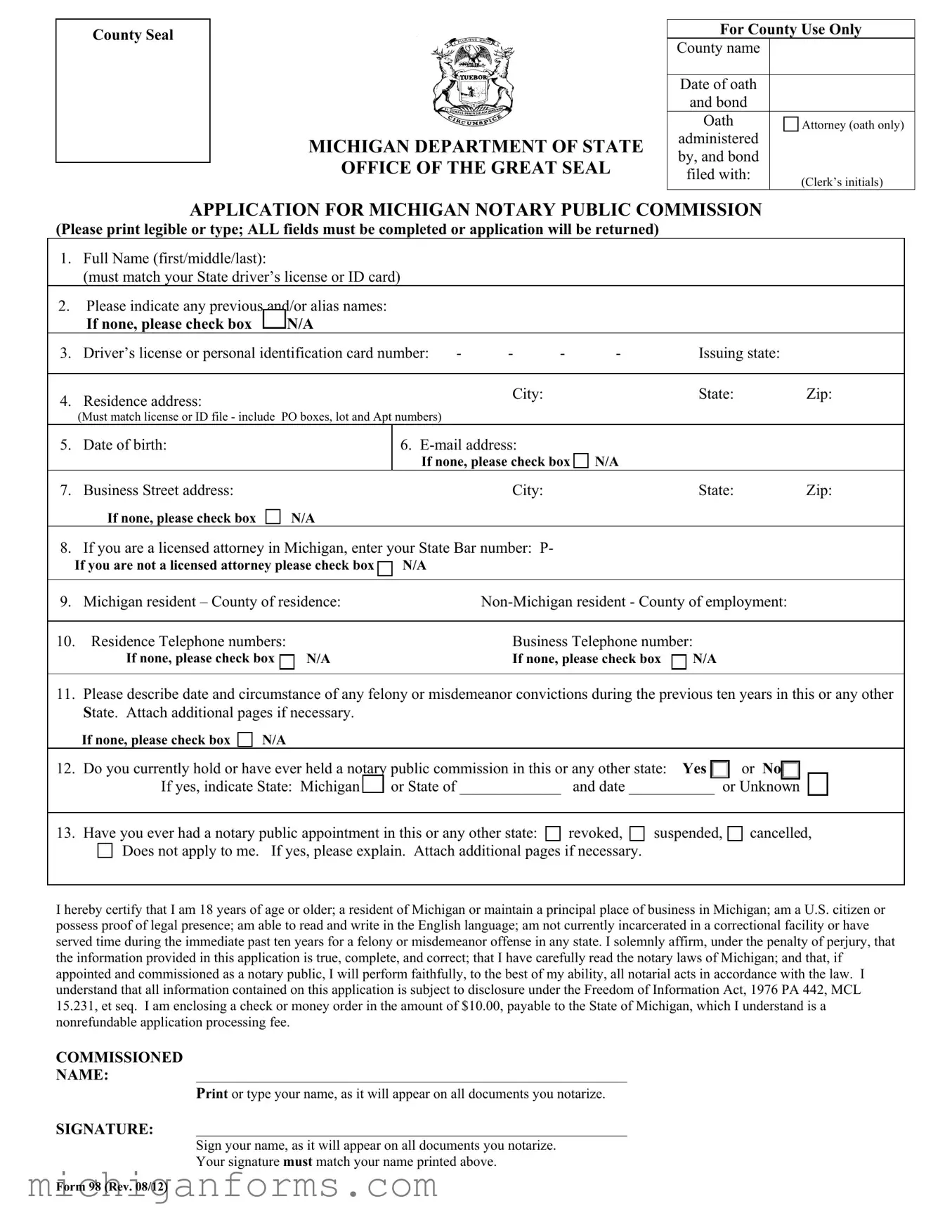Michigan 98 PDF Form