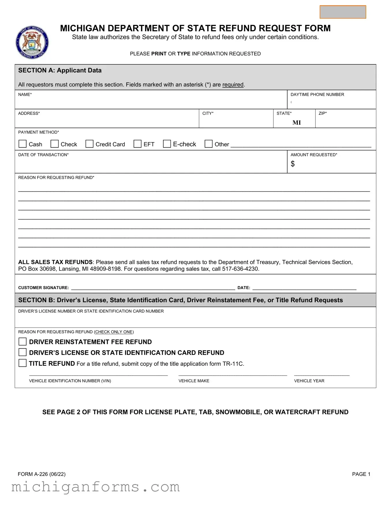 Michigan A 226 PDF Form