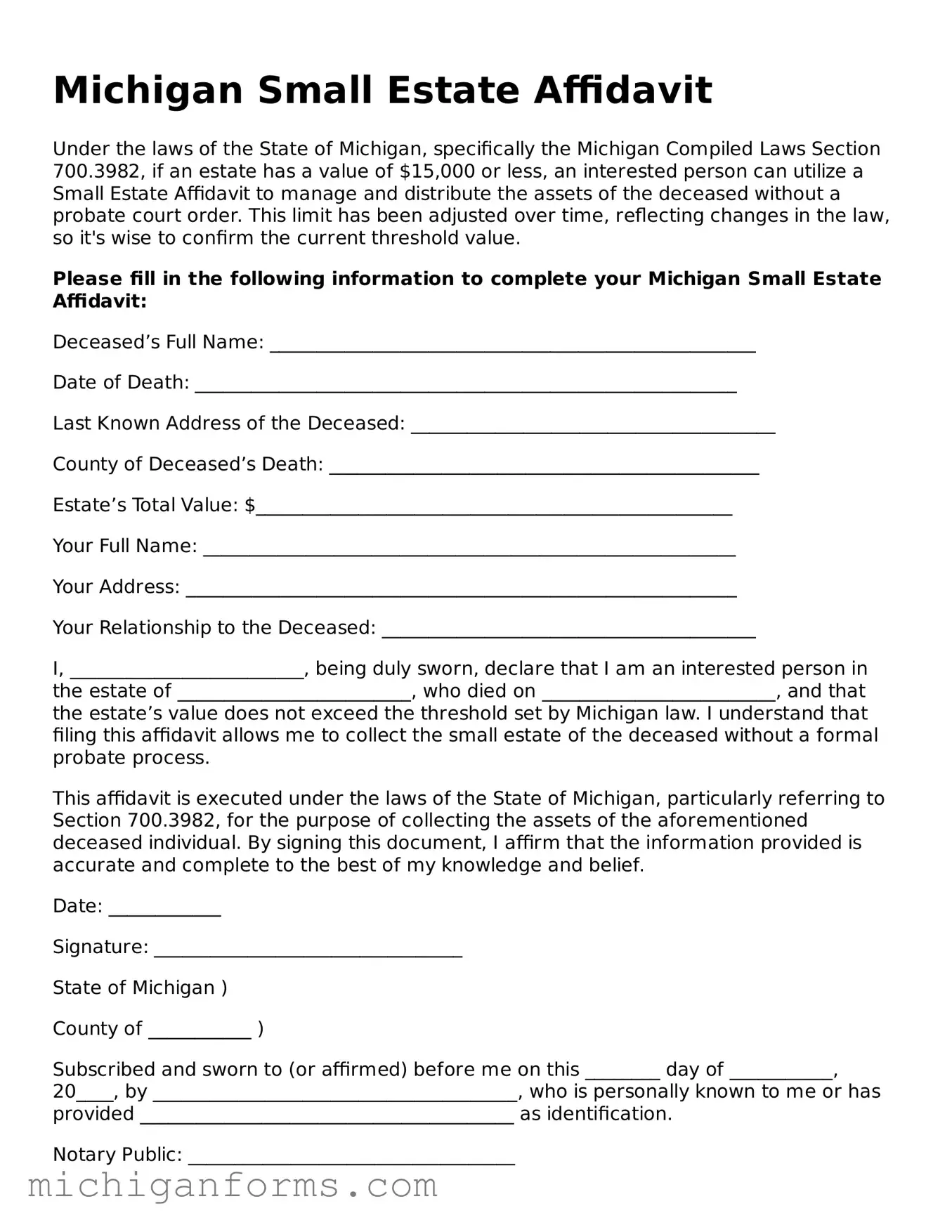  Small Estate Affidavit Document for Michigan