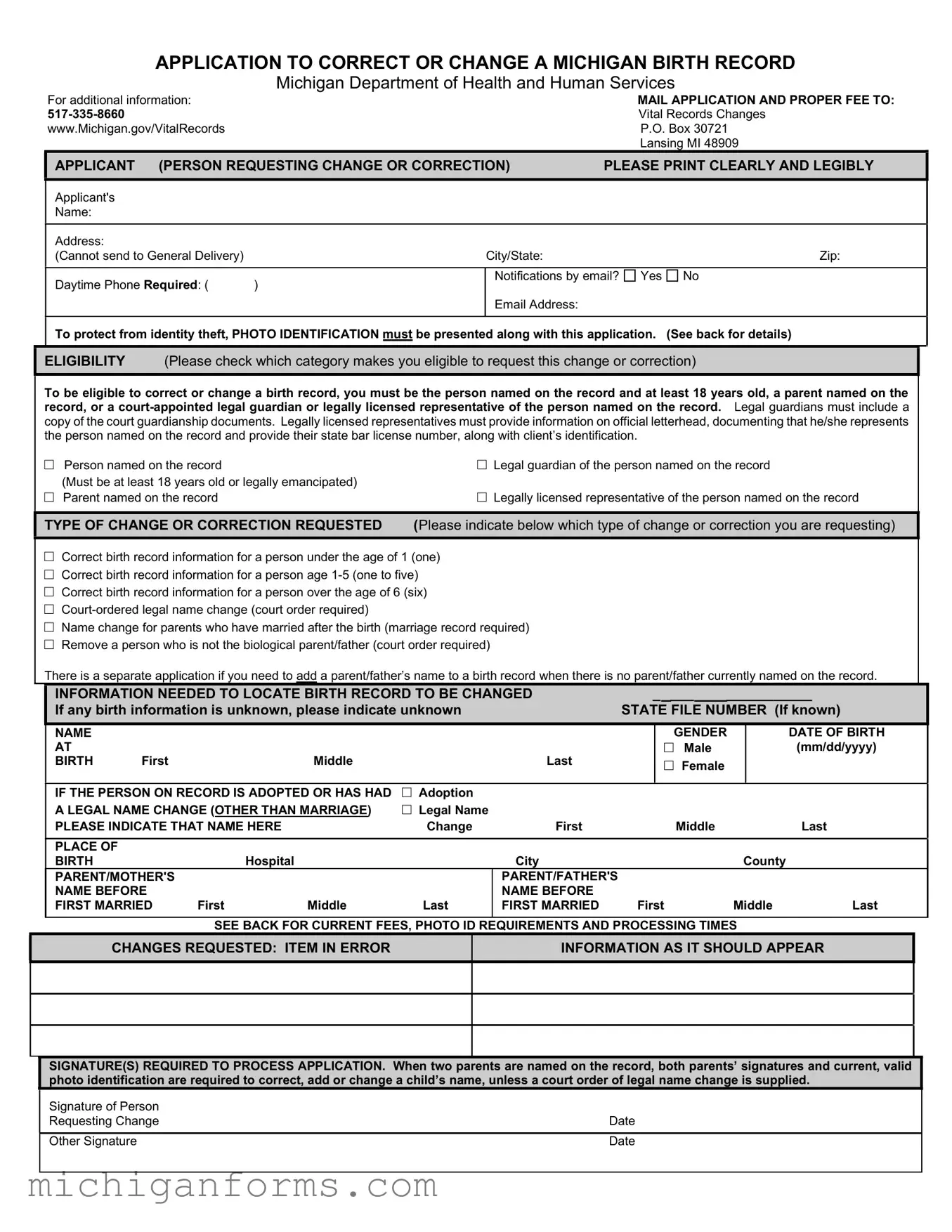 Michigan Application Birth PDF Form