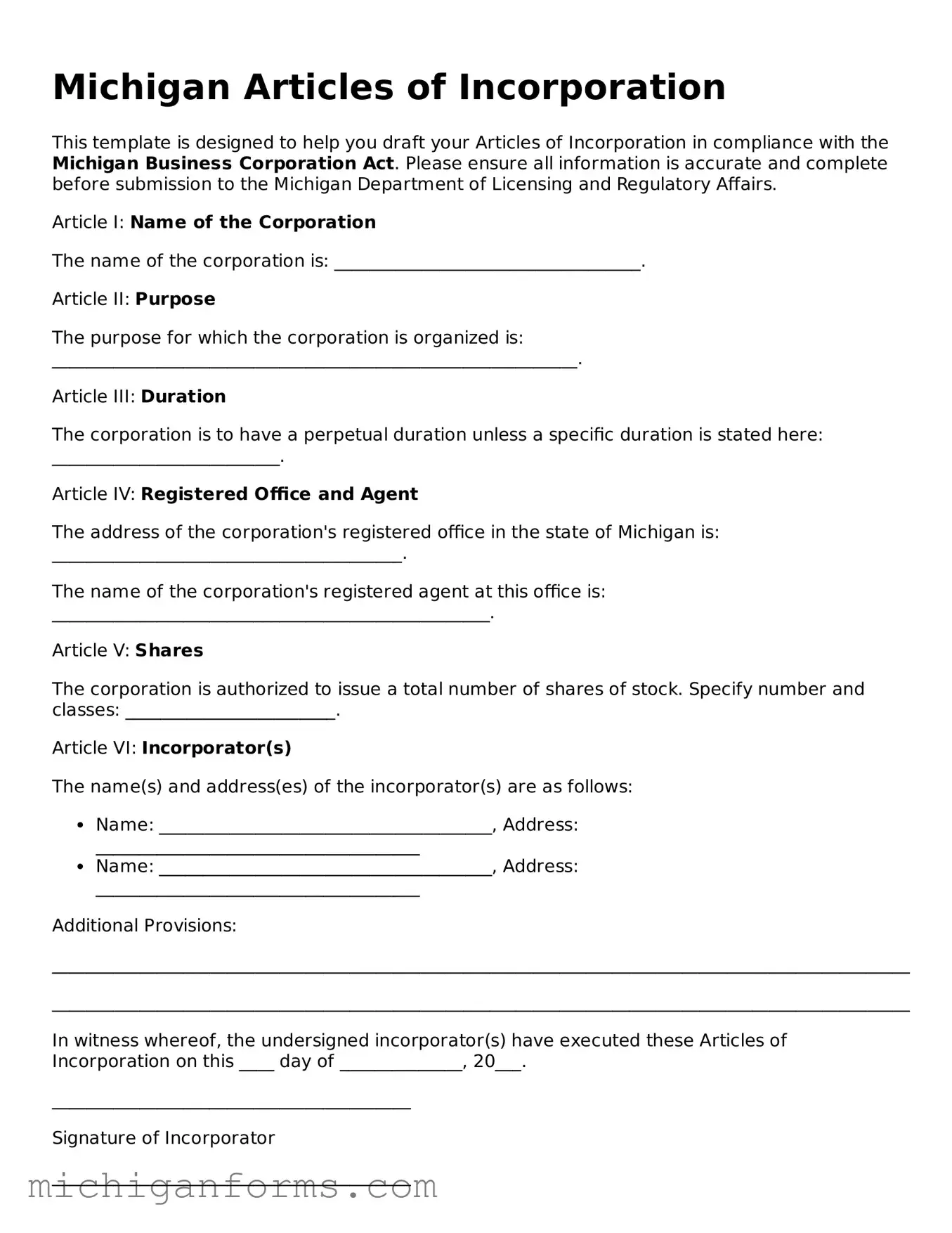  Articles of Incorporation Document for Michigan