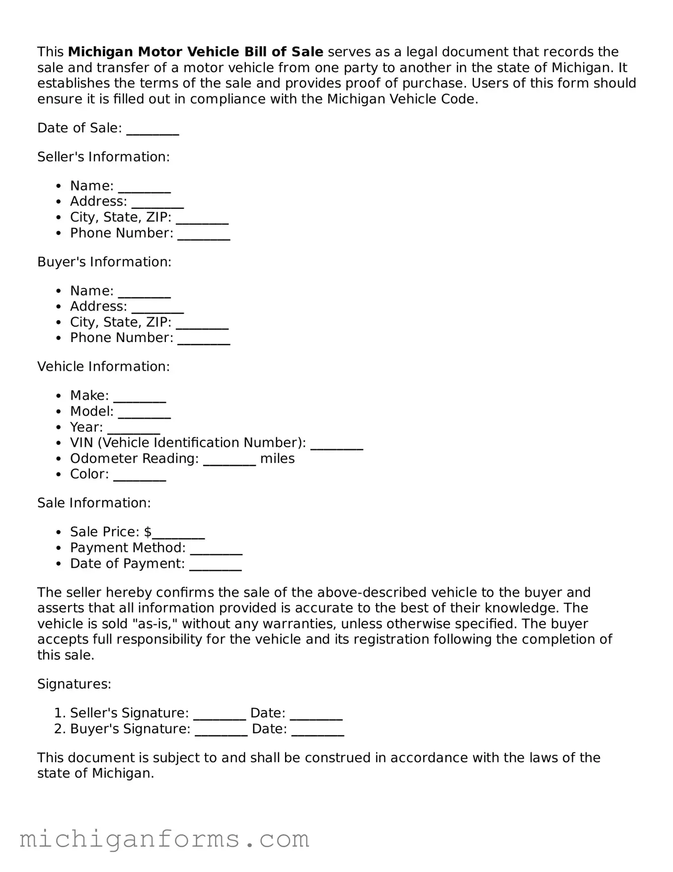  Motor Vehicle Bill of Sale Document for Michigan