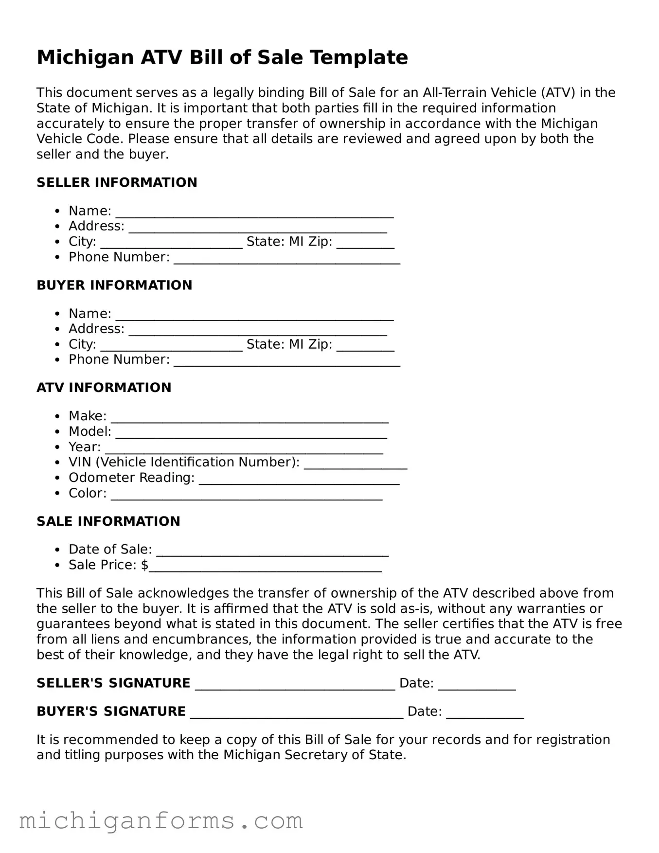  ATV Bill of Sale Document for Michigan
