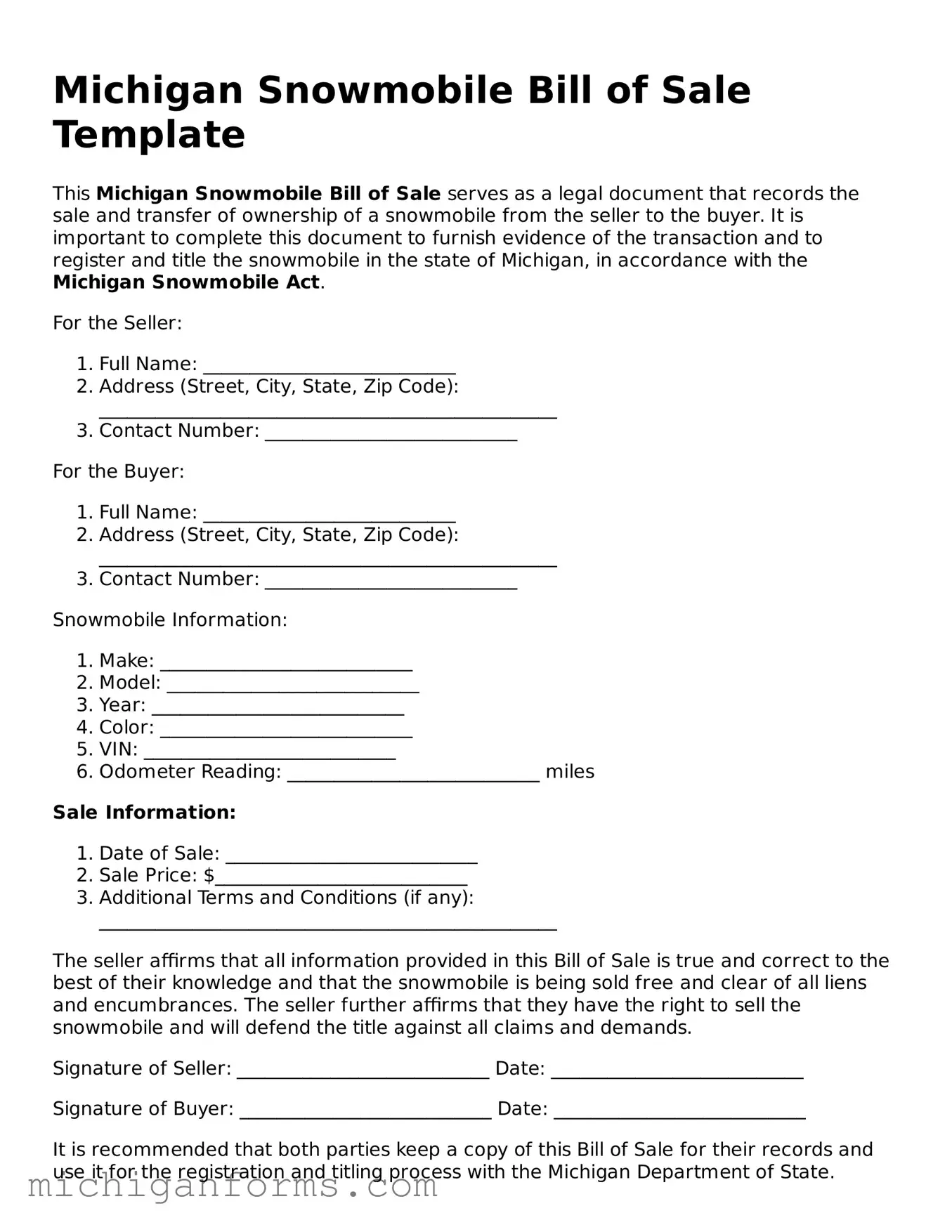  Snowmobile Bill of Sale Document for Michigan