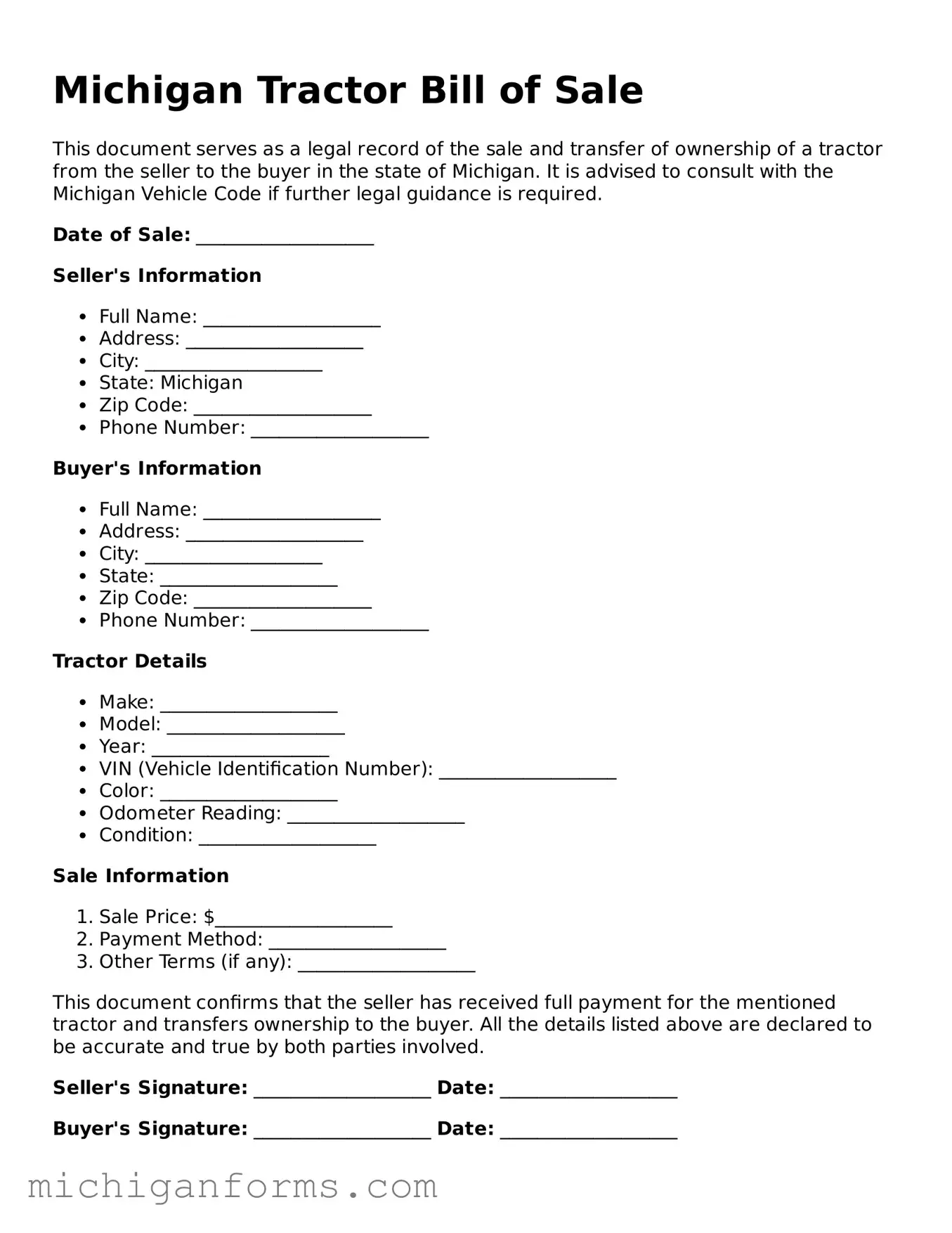  Tractor Bill of Sale Document for Michigan