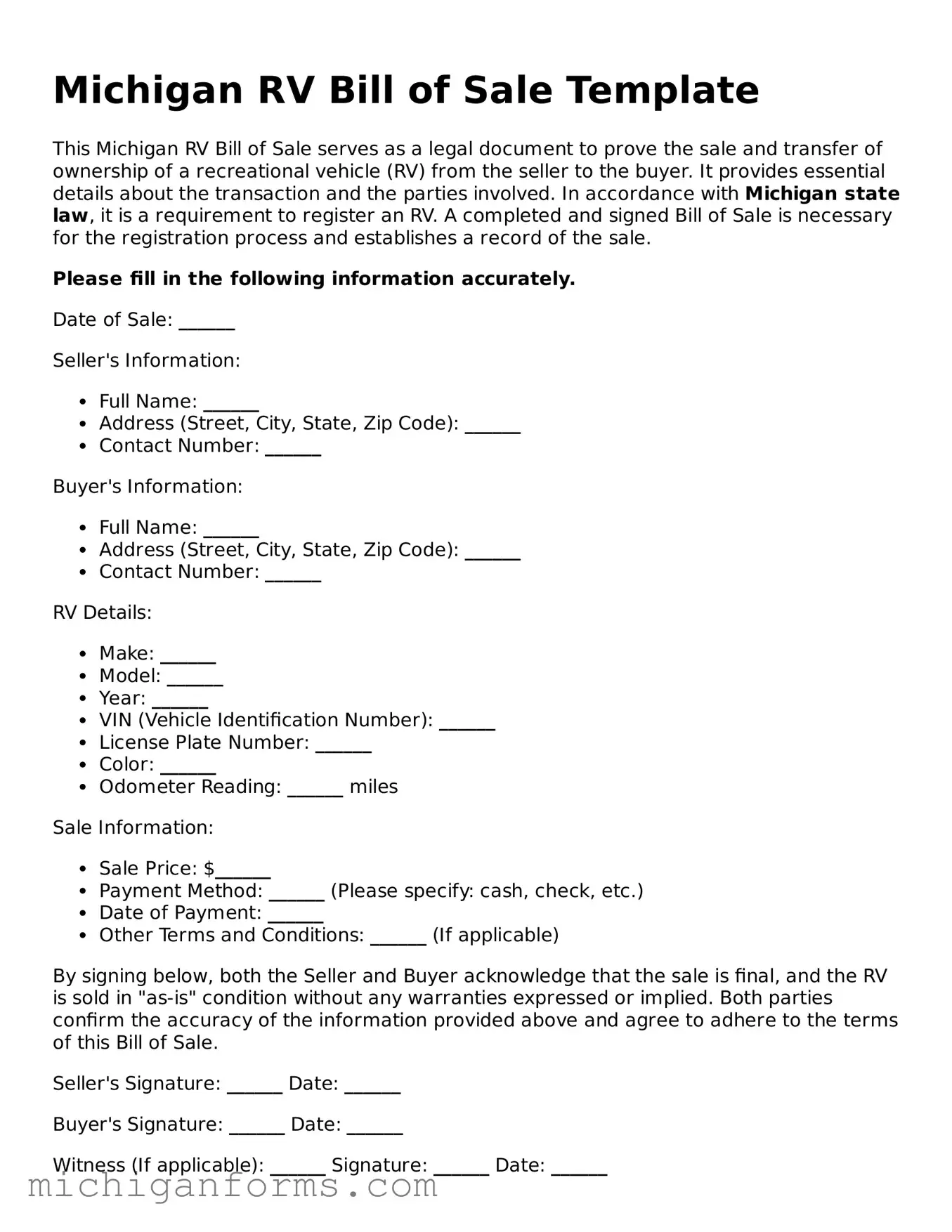  RV Bill of Sale Document for Michigan