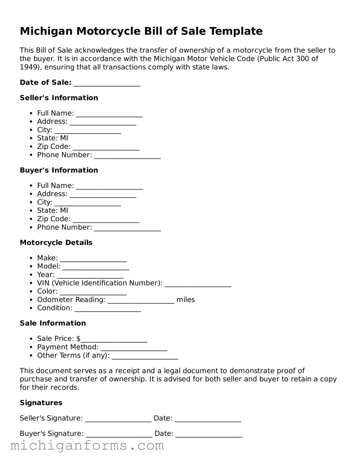  Motorcycle Bill of Sale Document for Michigan