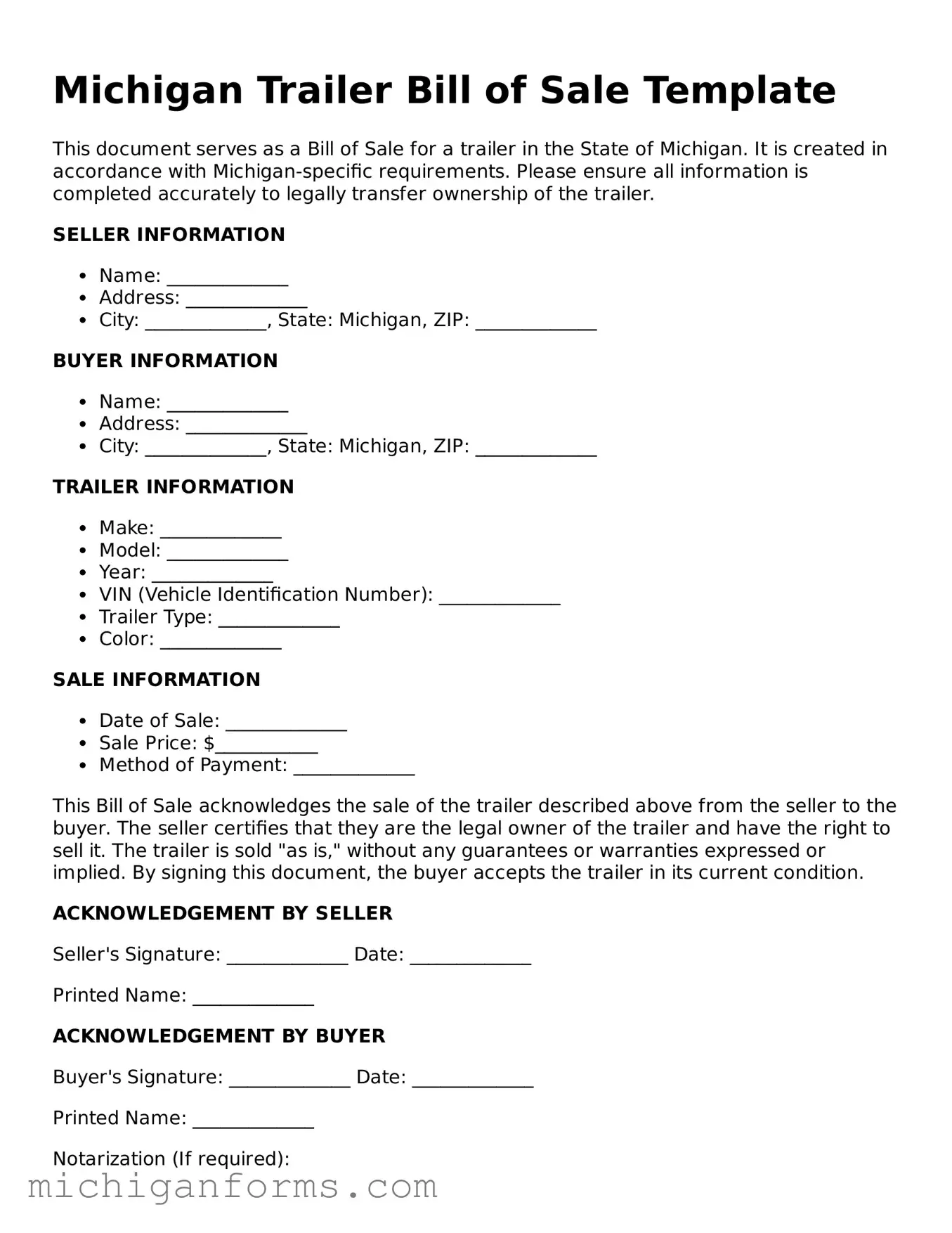  Trailer Bill of Sale Document for Michigan