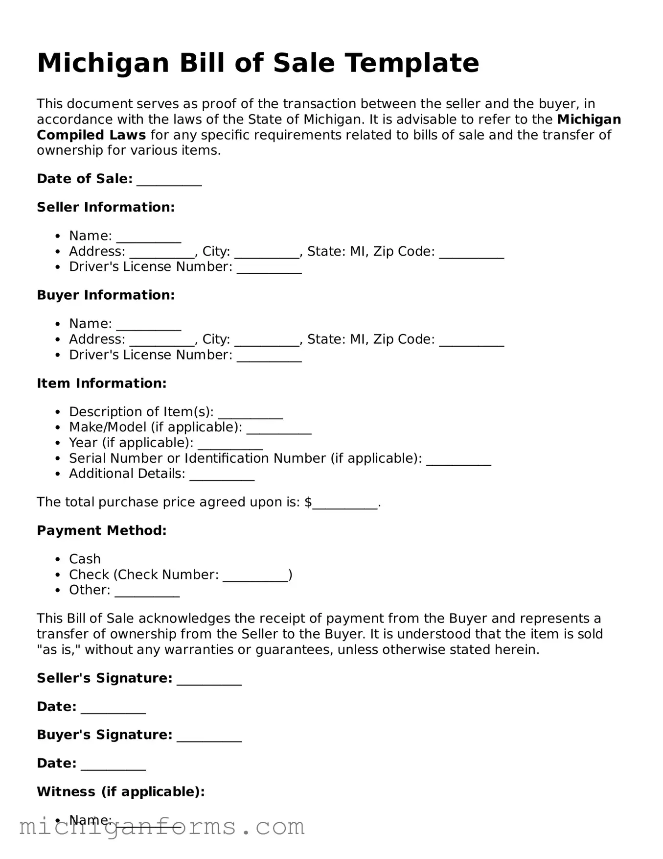  Bill of Sale Document for Michigan