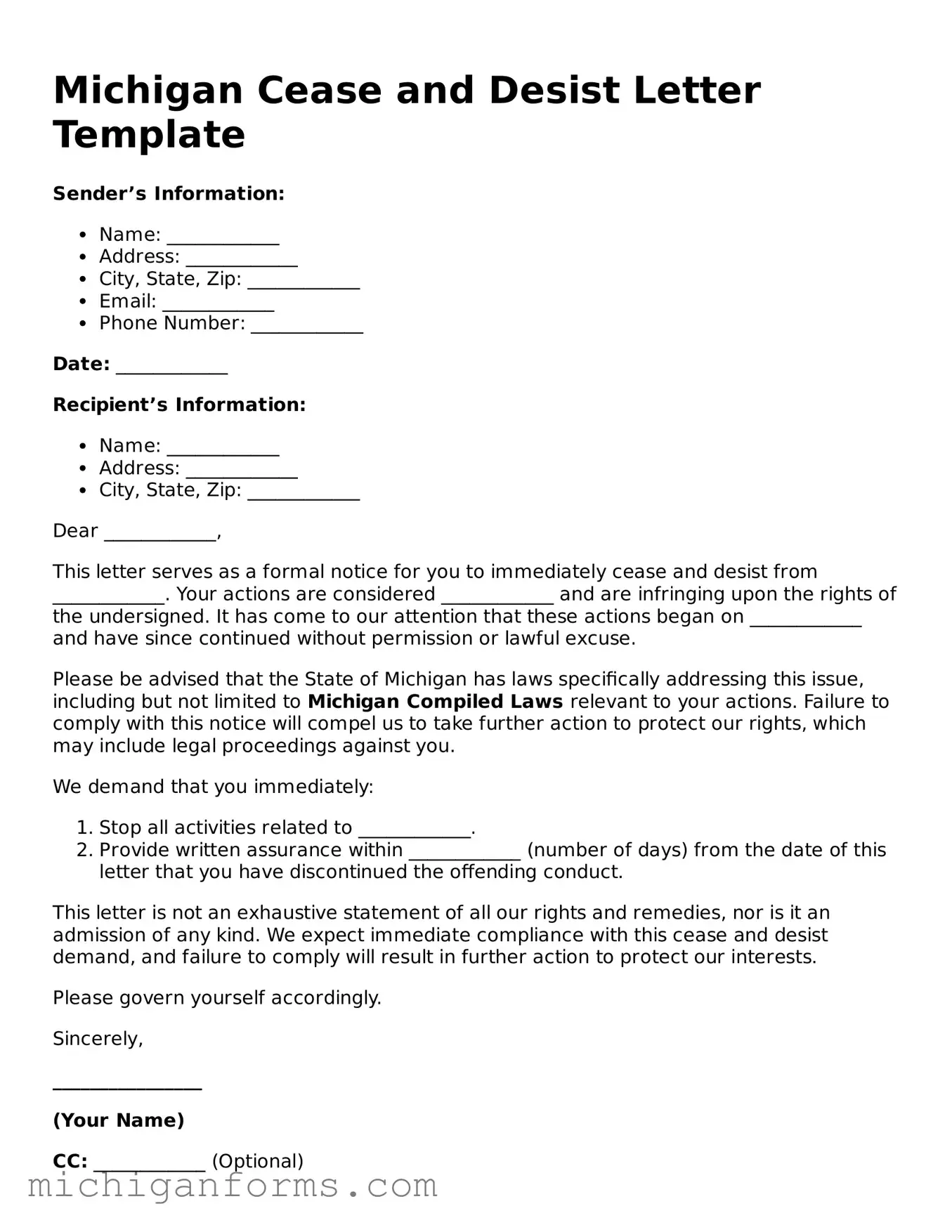 Cease and Desist Letter Document for Michigan