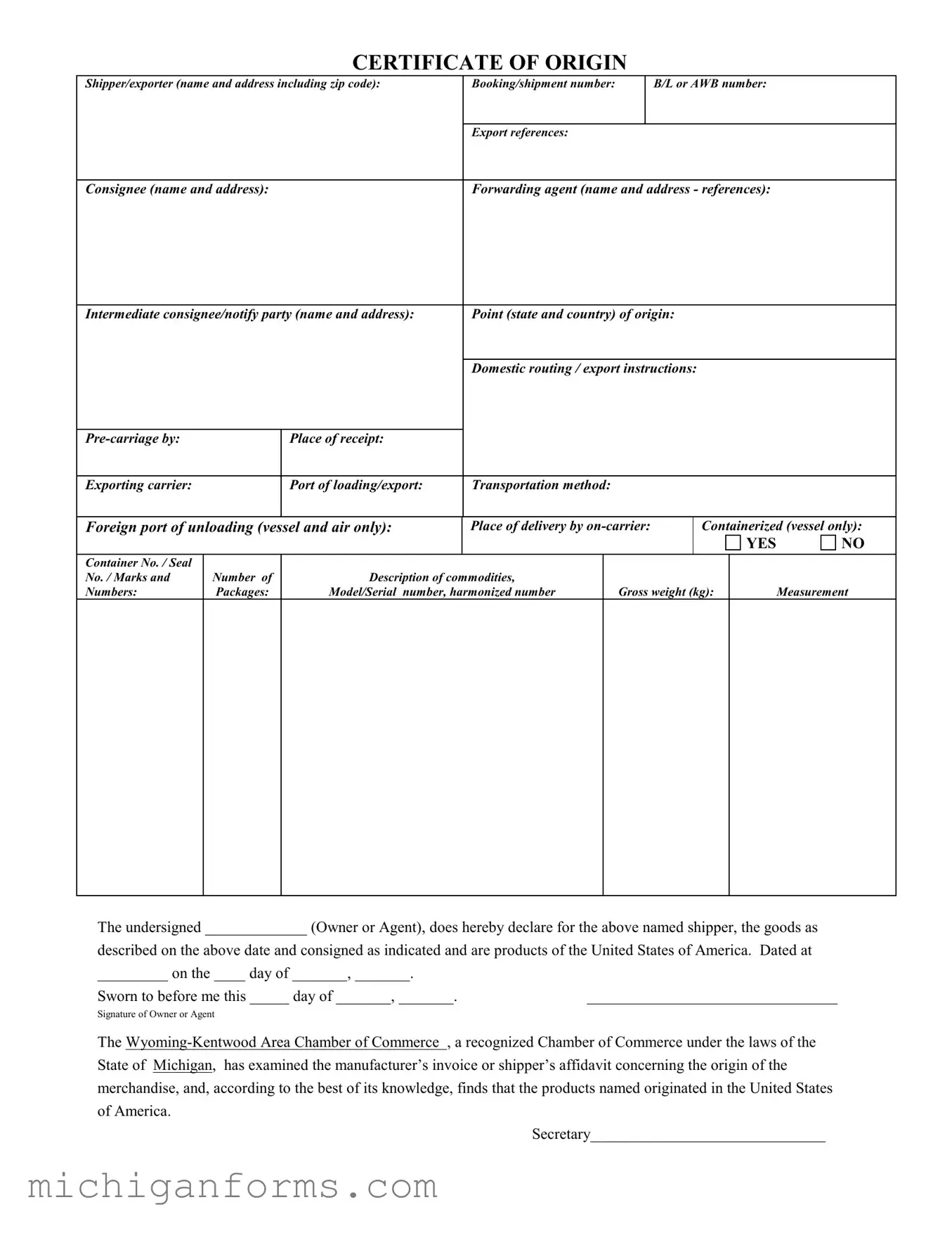 Michigan Certificate Of Origin PDF Form