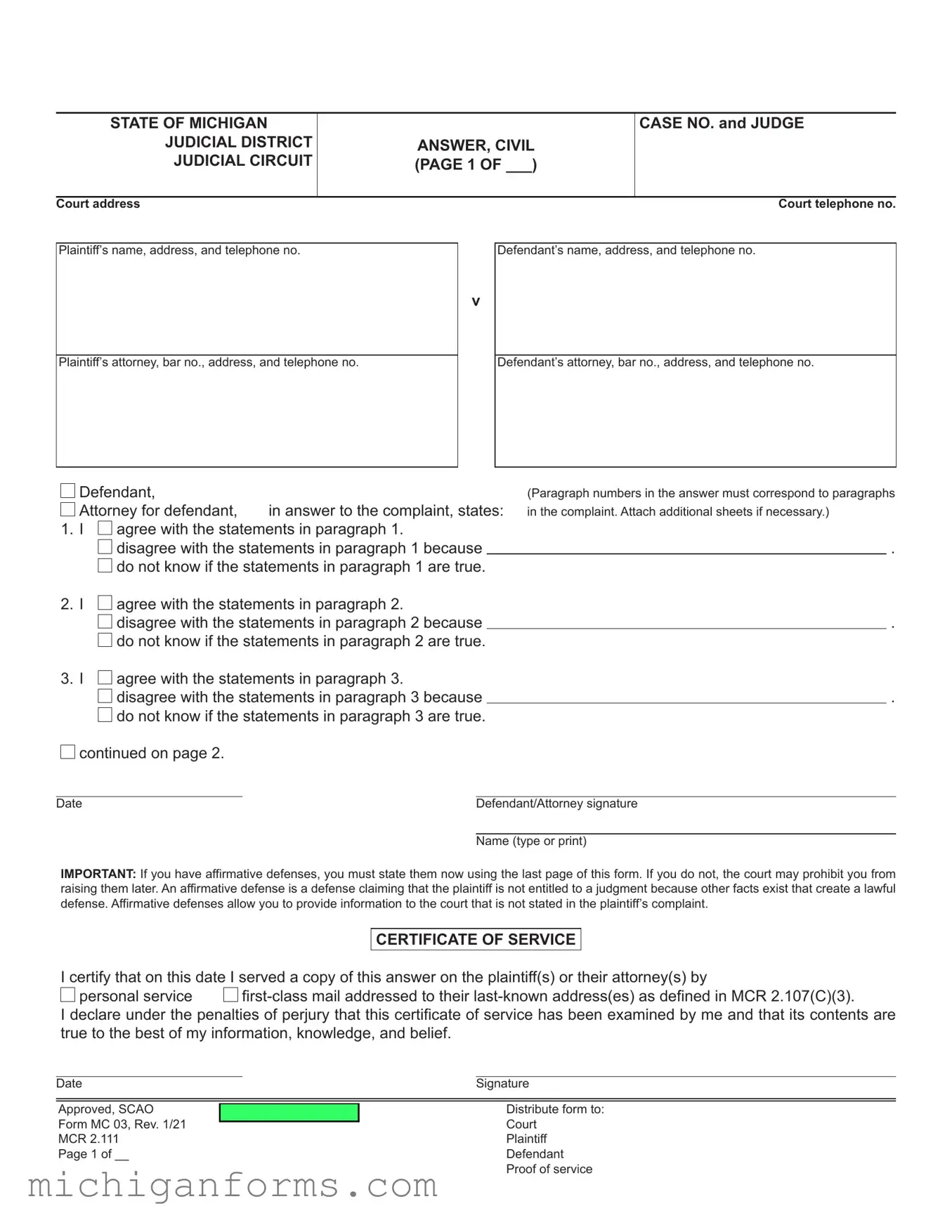Michigan Civil PDF Form