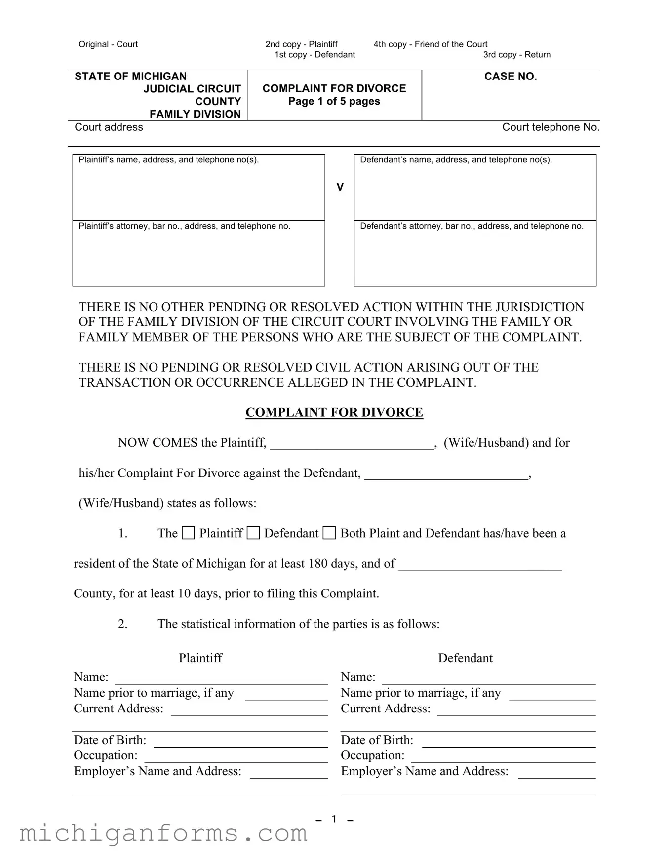 Michigan Complaint Divorce PDF Form