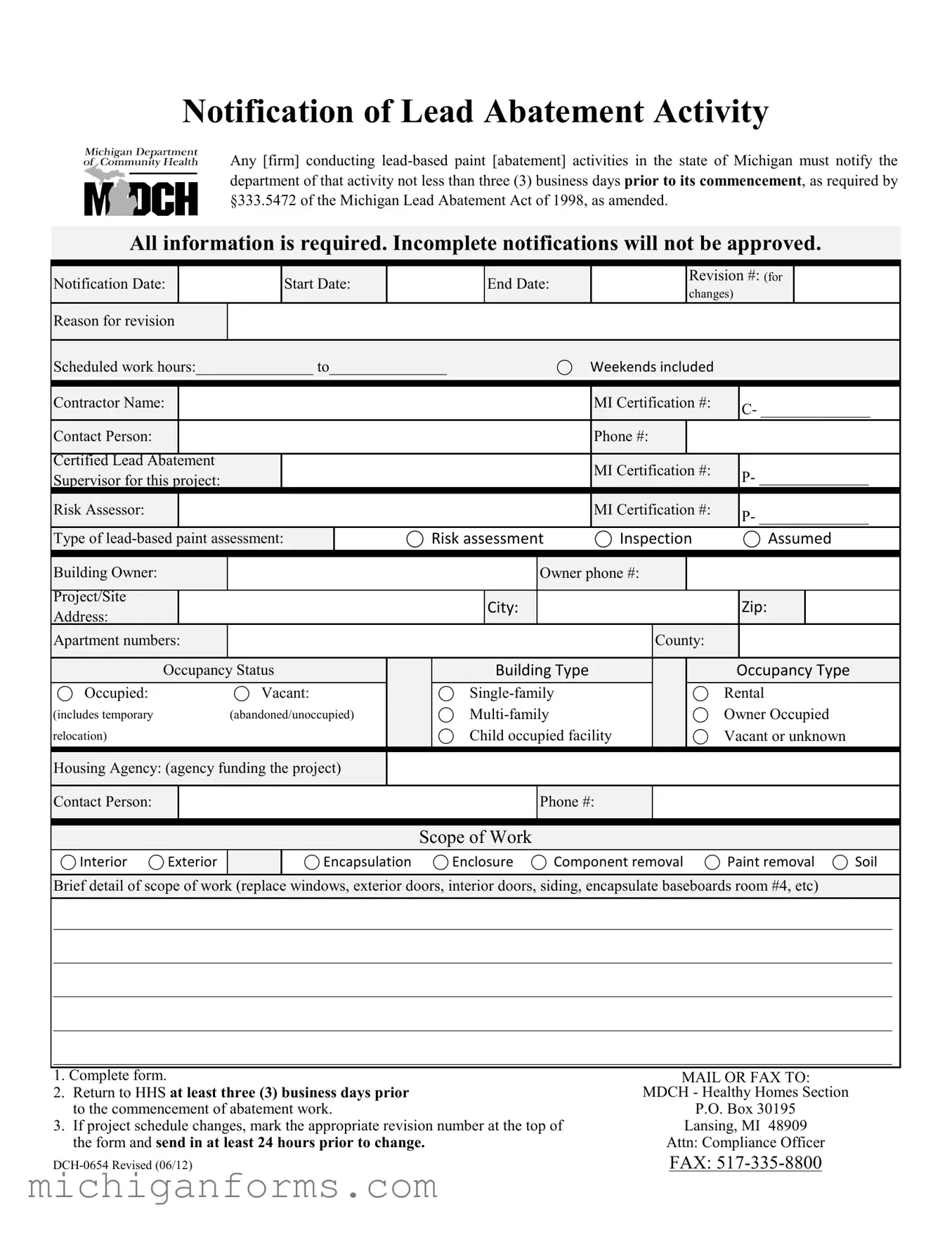 Michigan Dch 0654 PDF Form