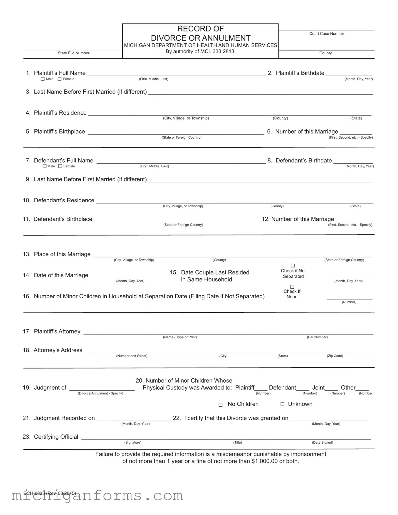Michigan Dch 0838 PDF Form