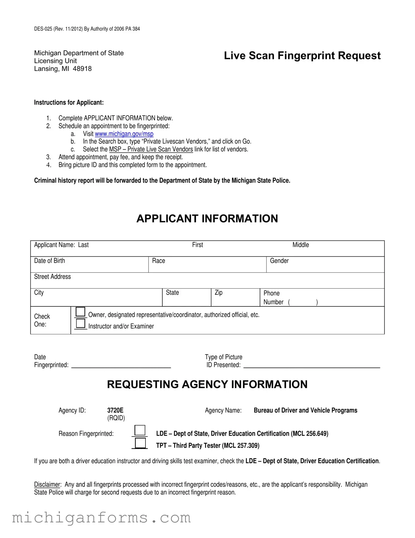 Michigan Des 025 PDF Form