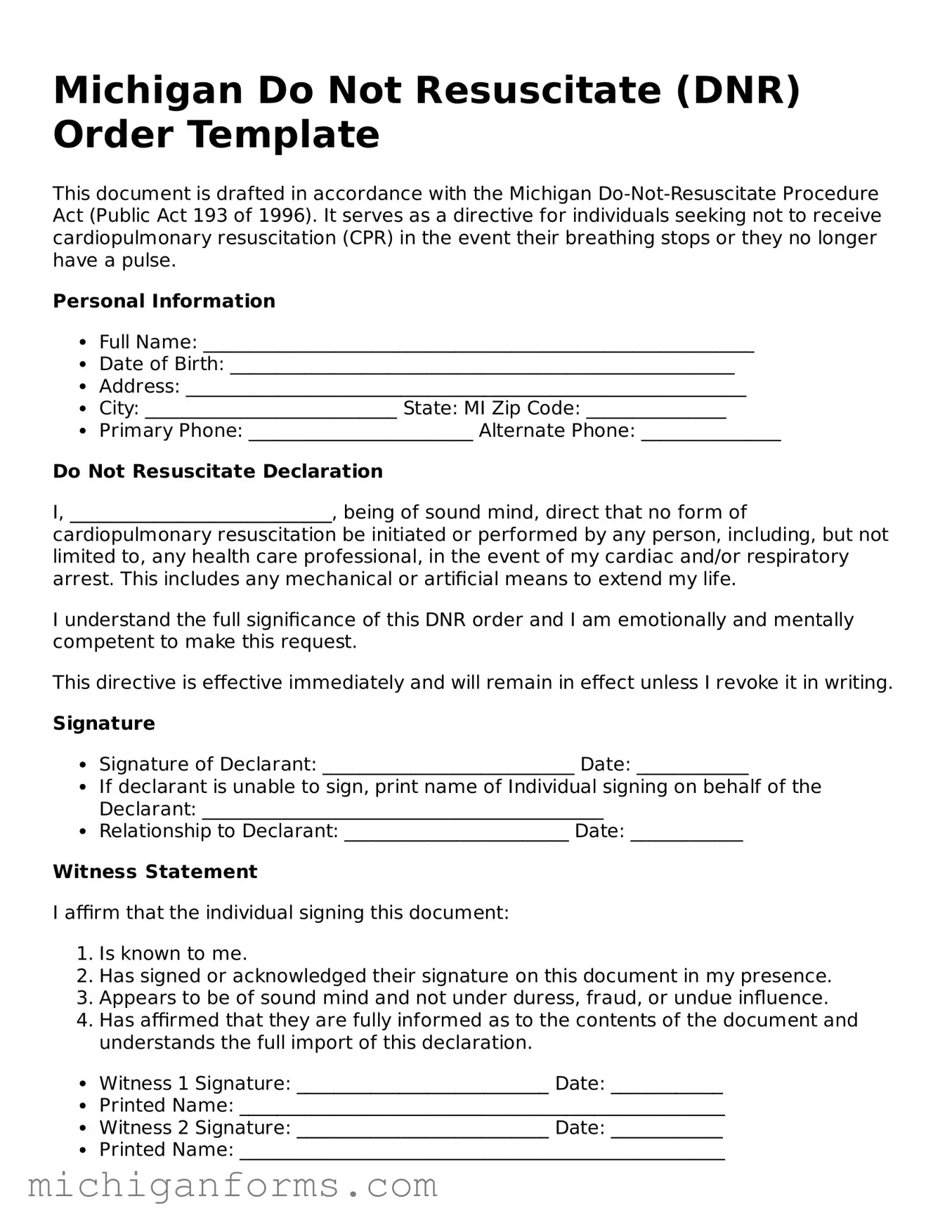  Do Not Resuscitate Order Document for Michigan
