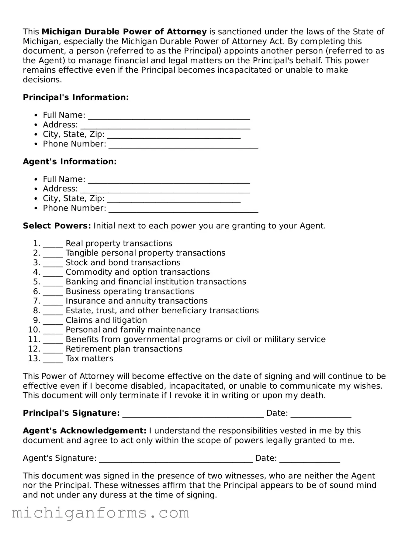  Durable Power of Attorney Document for Michigan