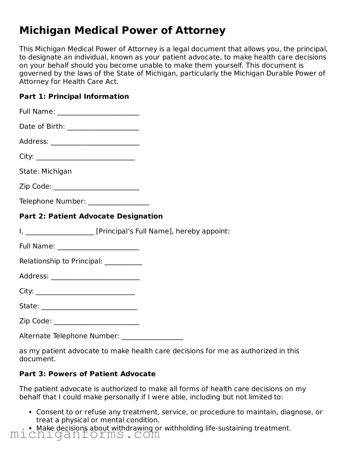 Medical Power of Attorney Document for Michigan
