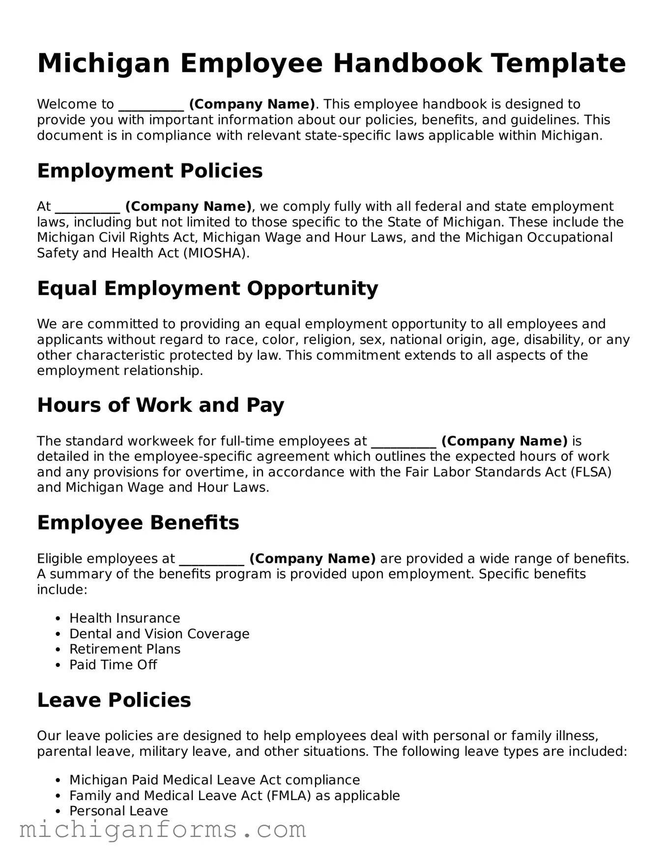  Employee Handbook Document for Michigan