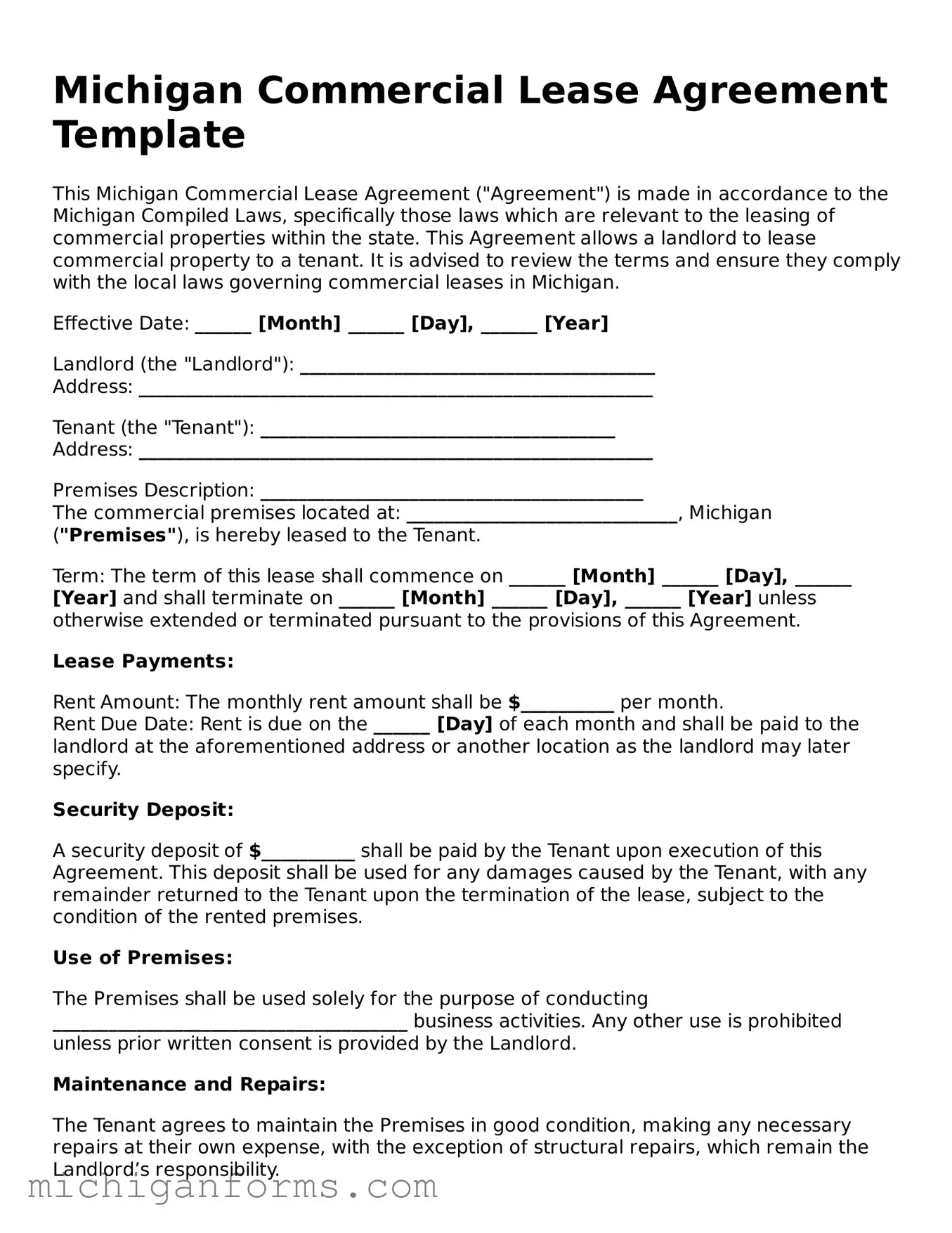  Commercial Lease Agreement Document for Michigan