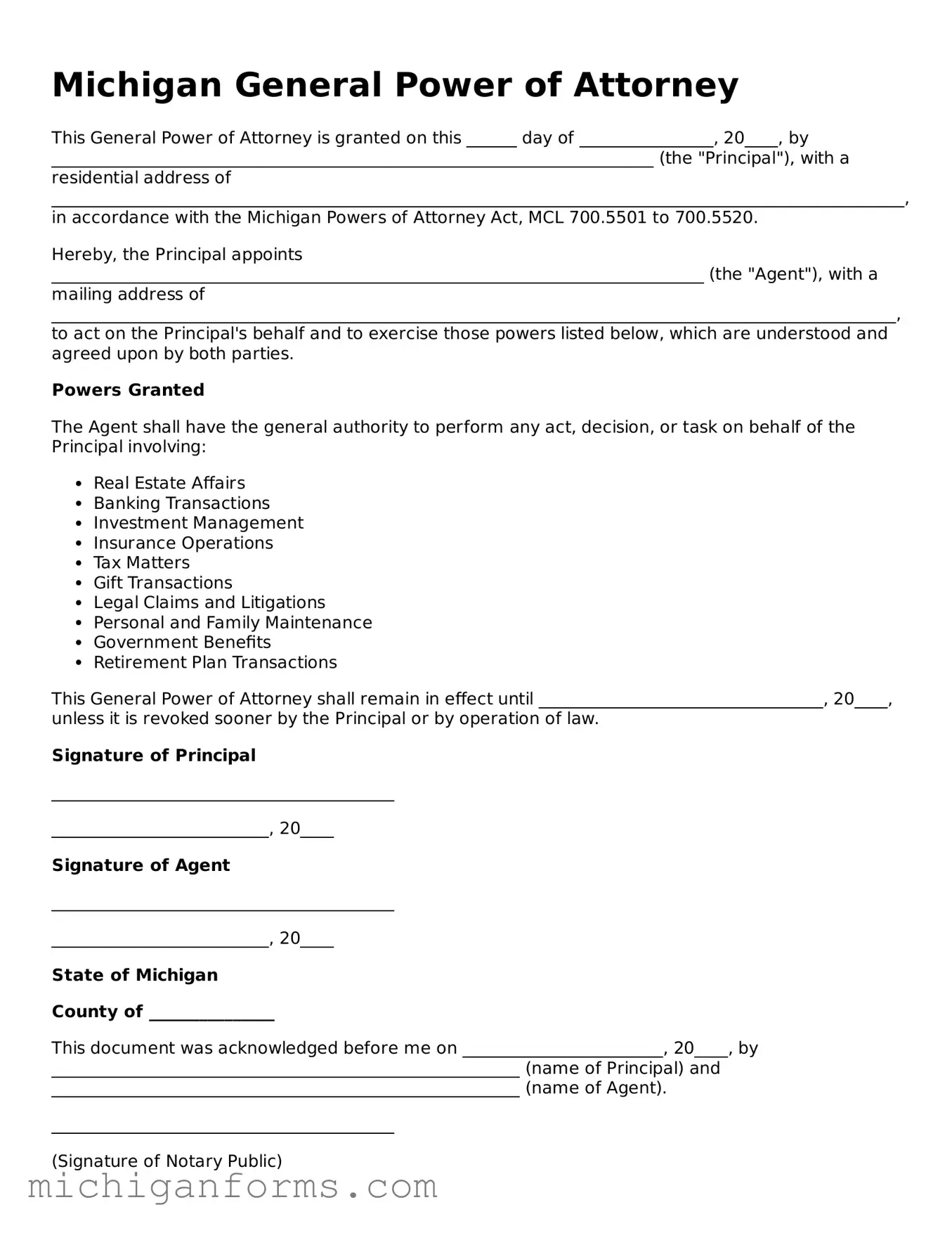  General Power of Attorney Document for Michigan