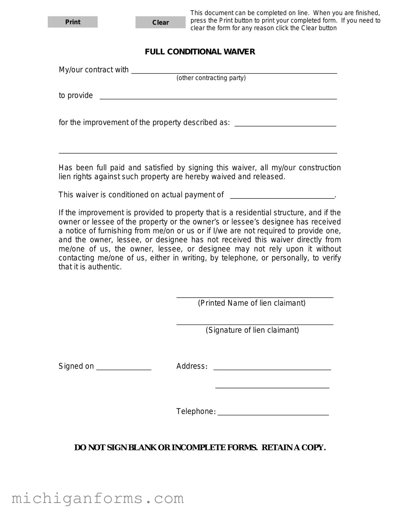 Michigan Full Conditional Waiver PDF Form