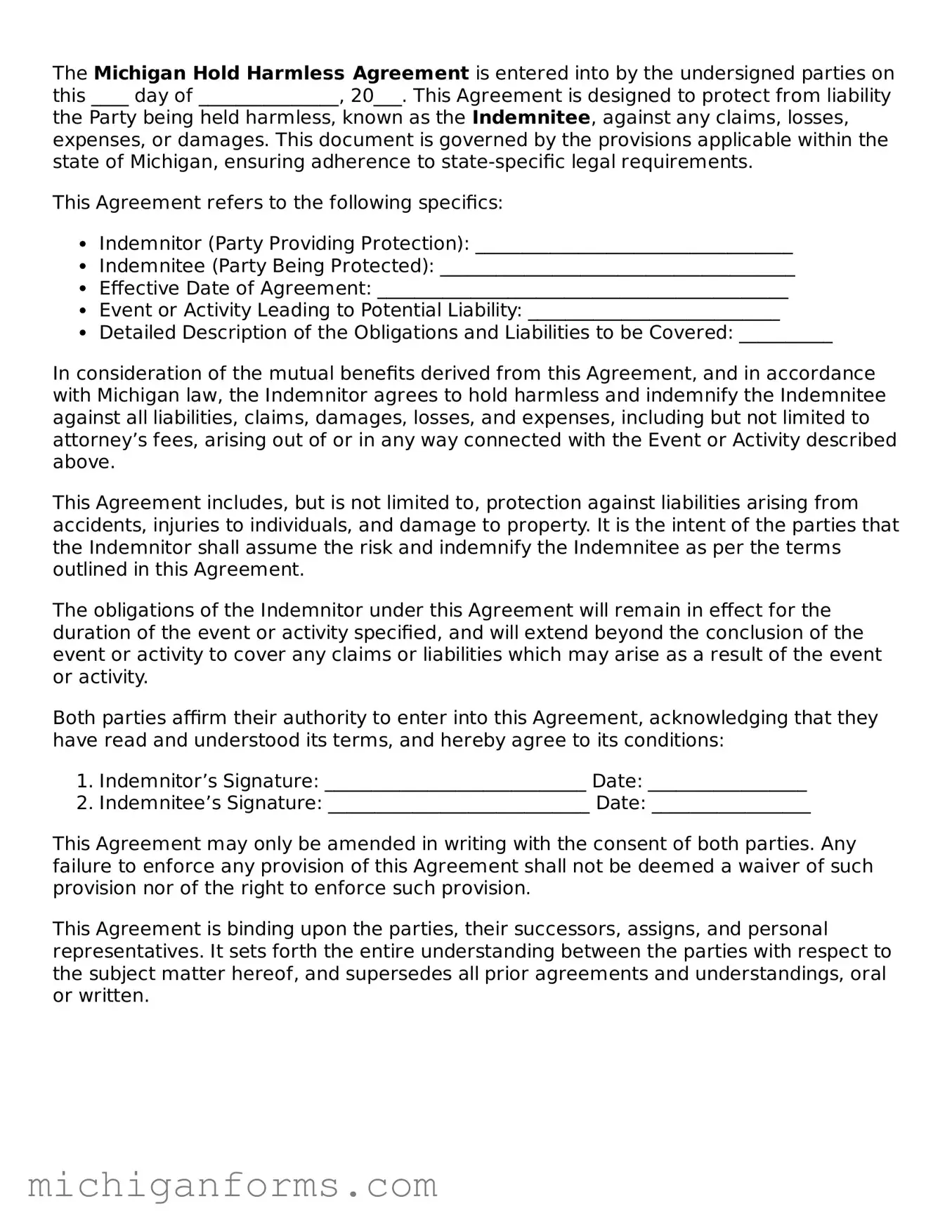  Hold Harmless Agreement Document for Michigan