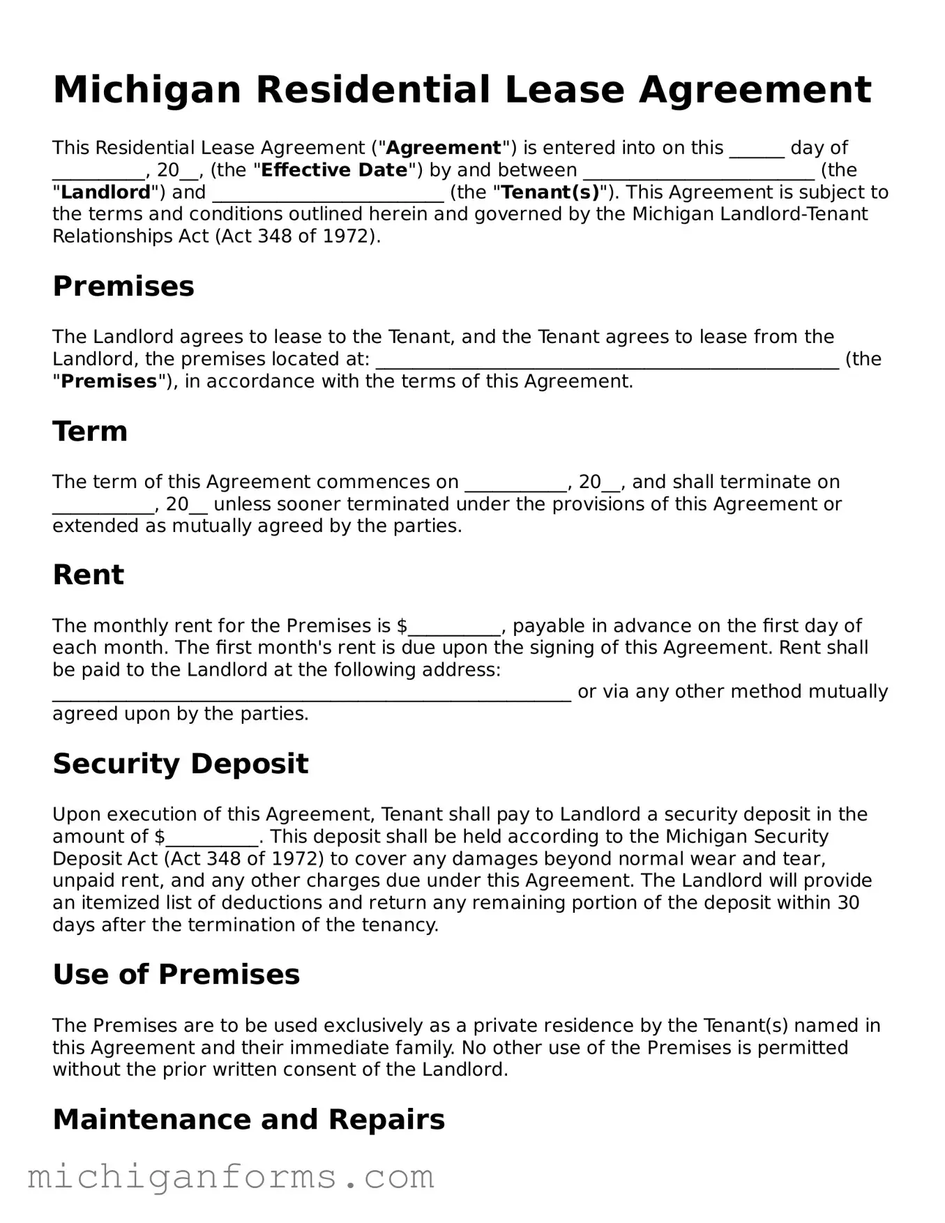  Residential Lease Agreement Document for Michigan