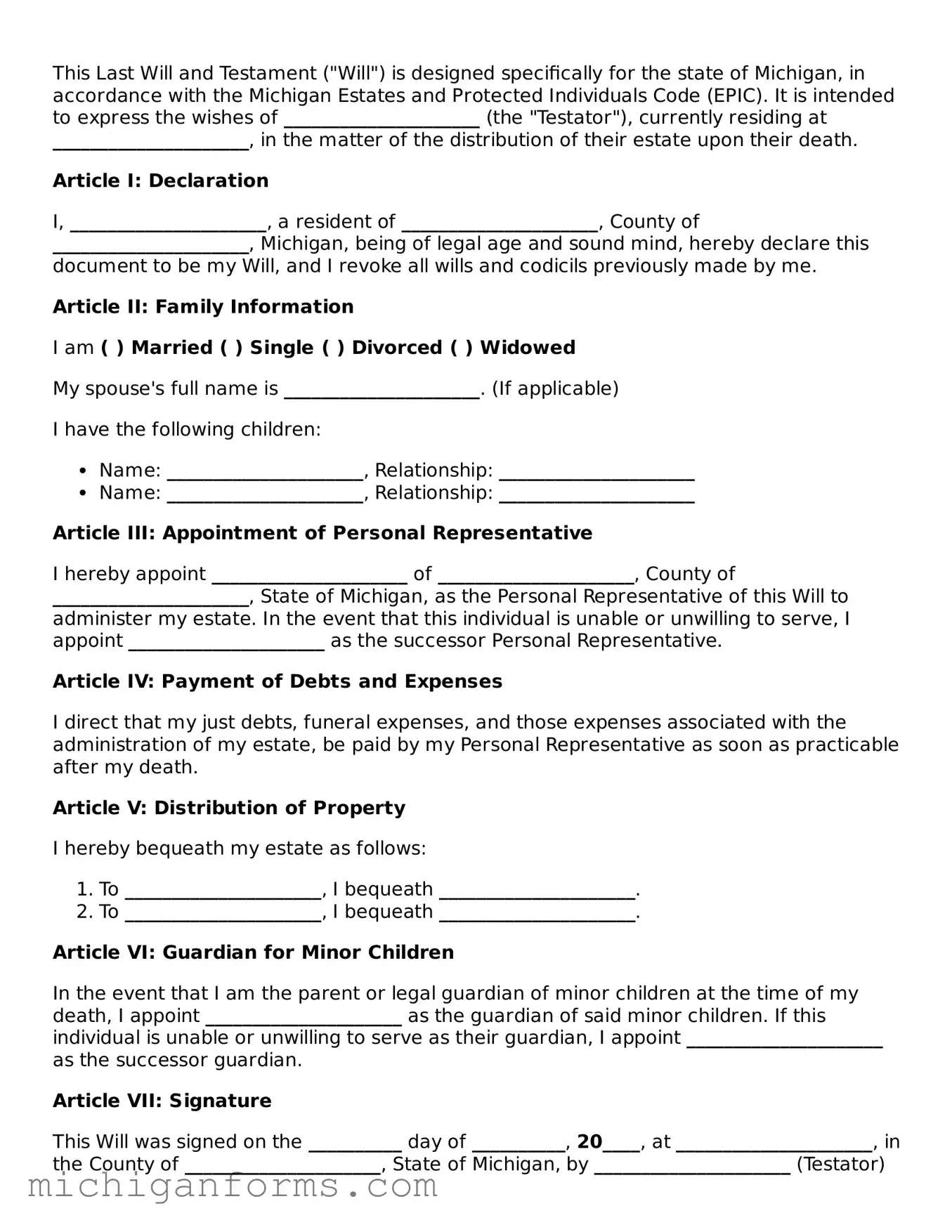  Last Will and Testament Document for Michigan