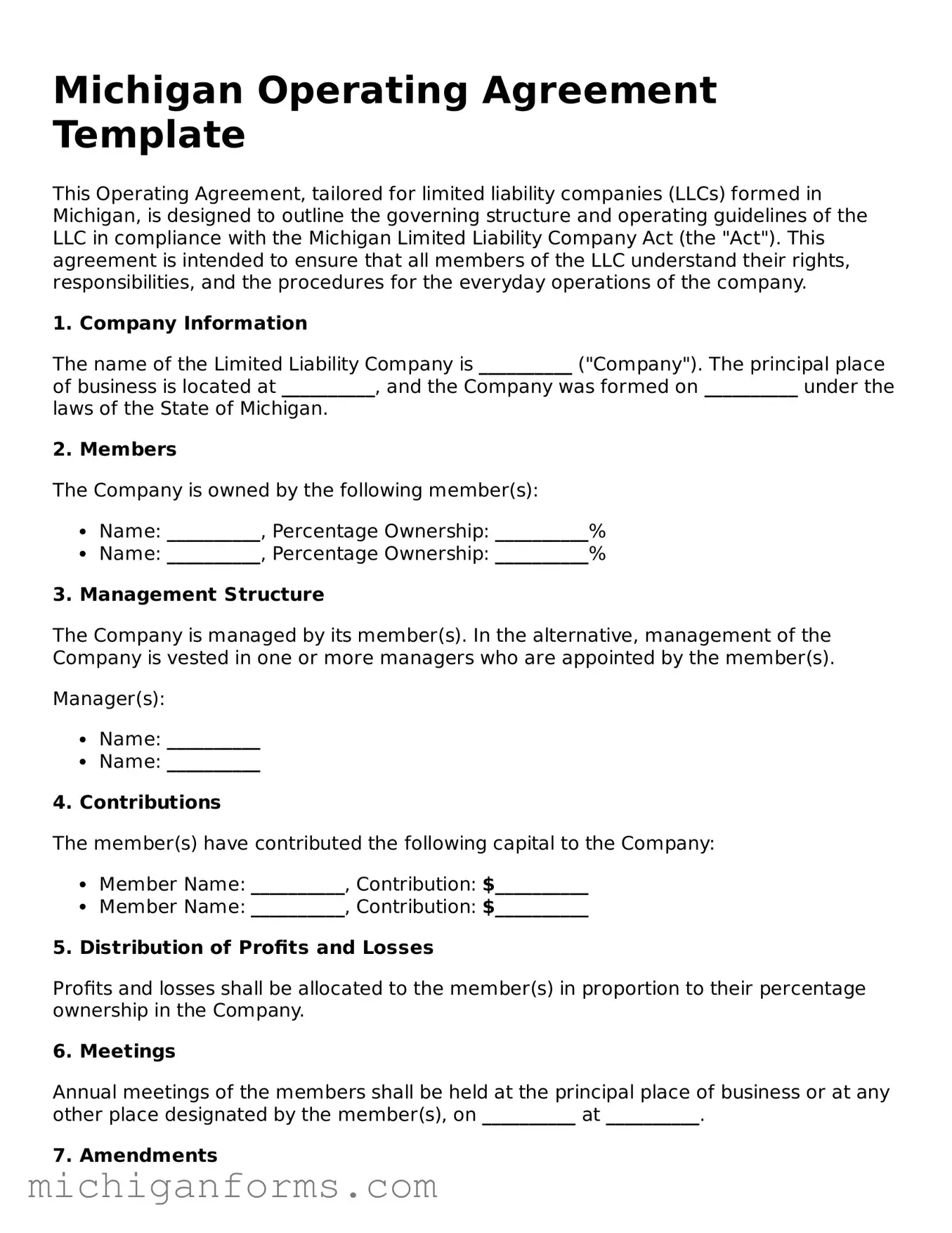  Operating Agreement Document for Michigan