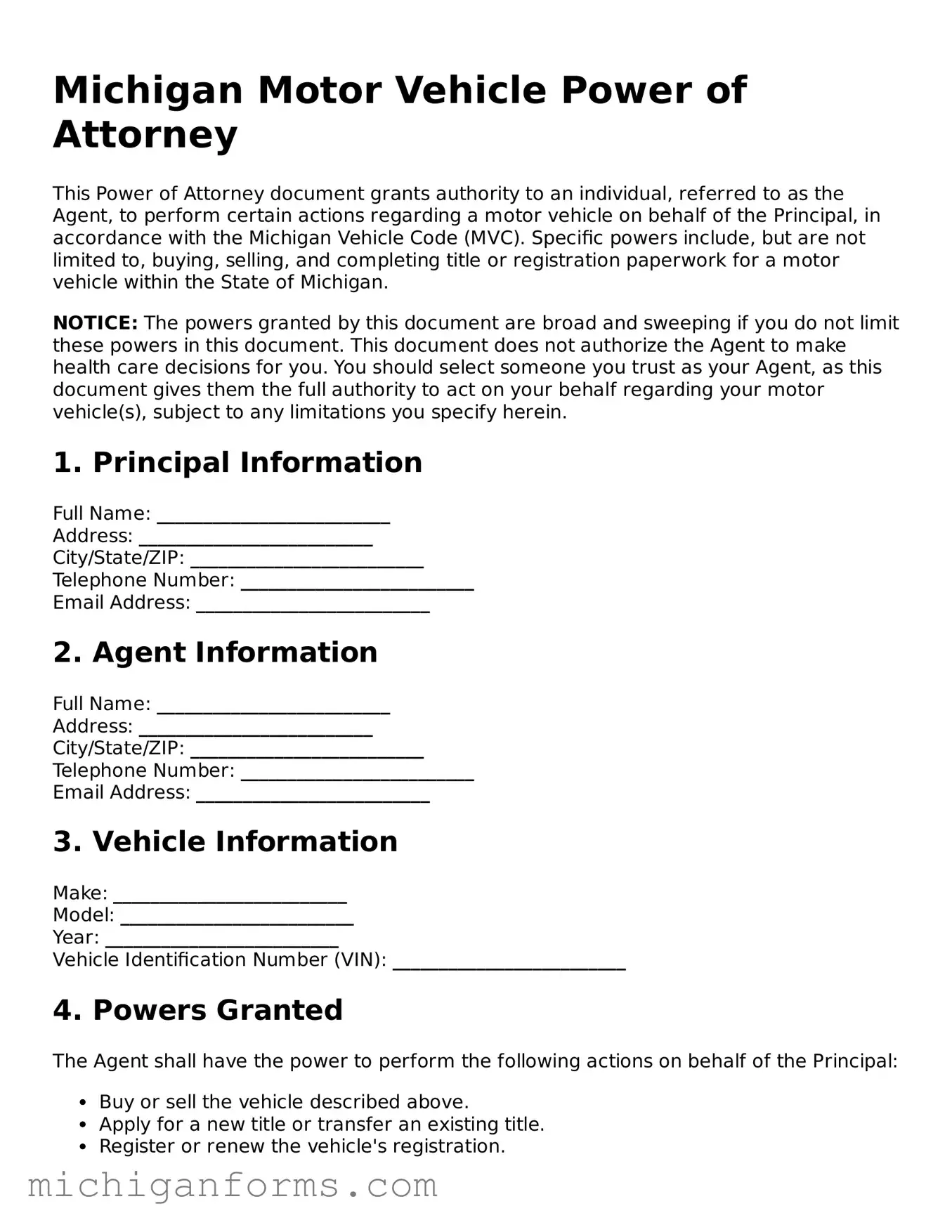  Motor Vehicle Power of Attorney Document for Michigan