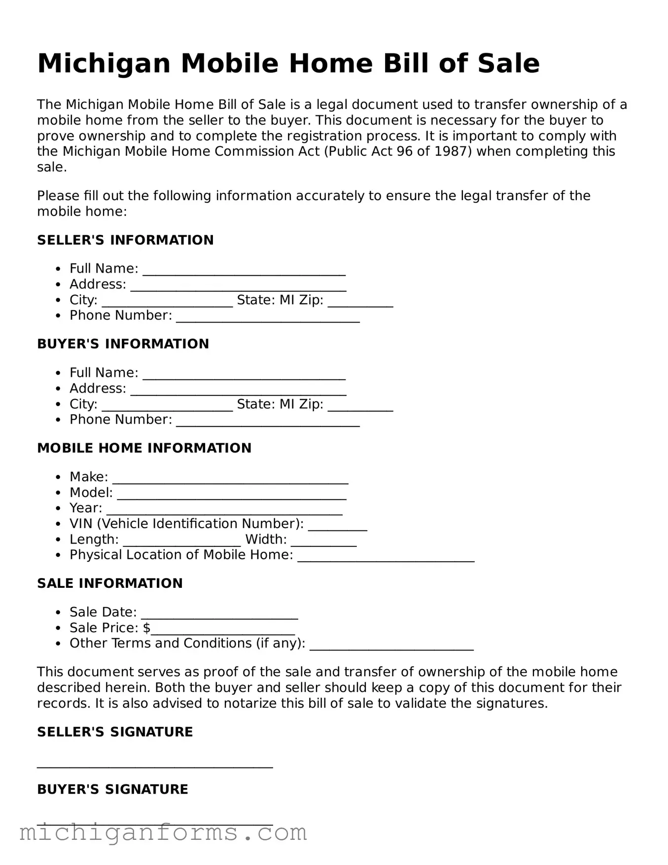  Mobile Home Bill of Sale Document for Michigan