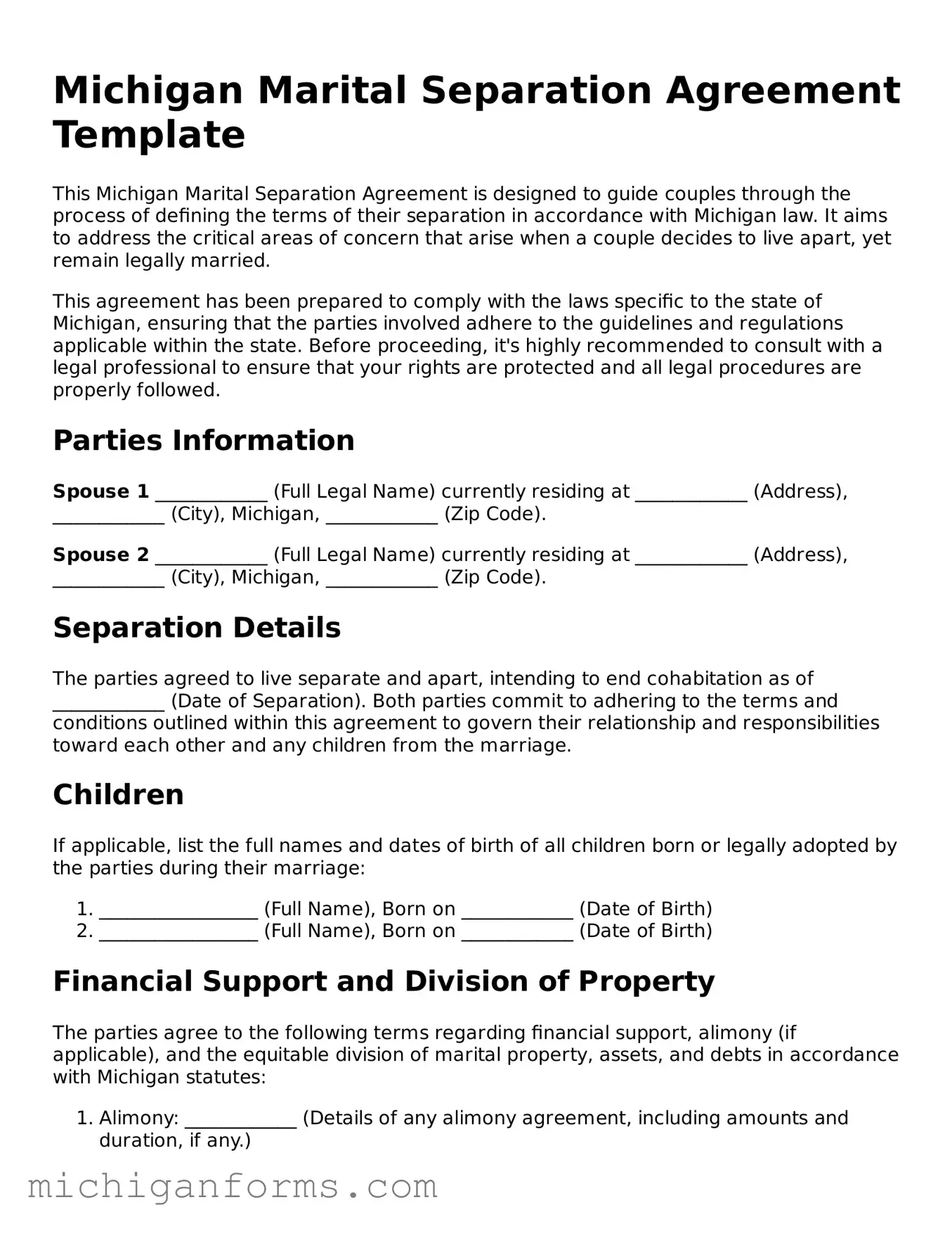  Marital Separation Agreement Document for Michigan