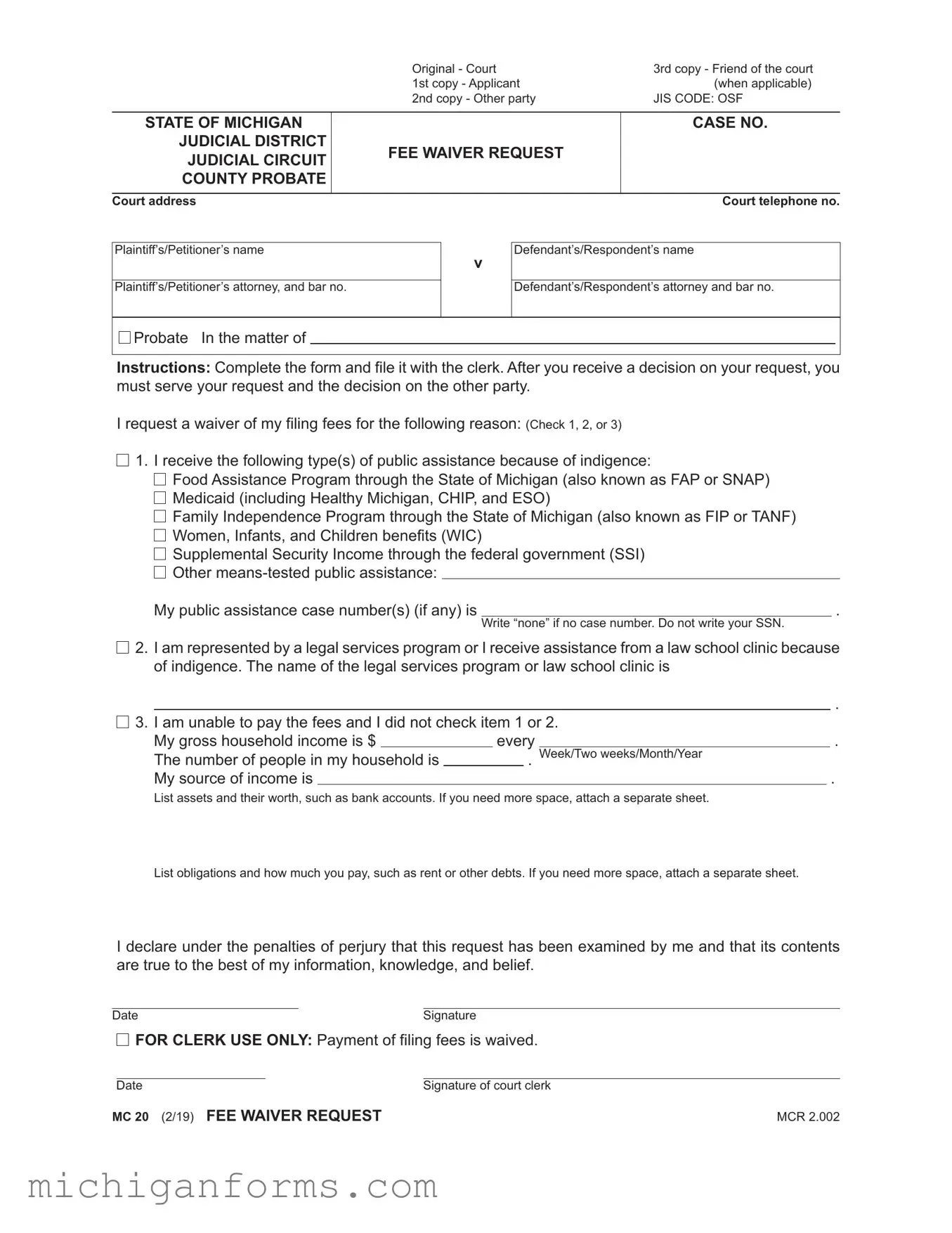 Michigan Mc 20 PDF Form