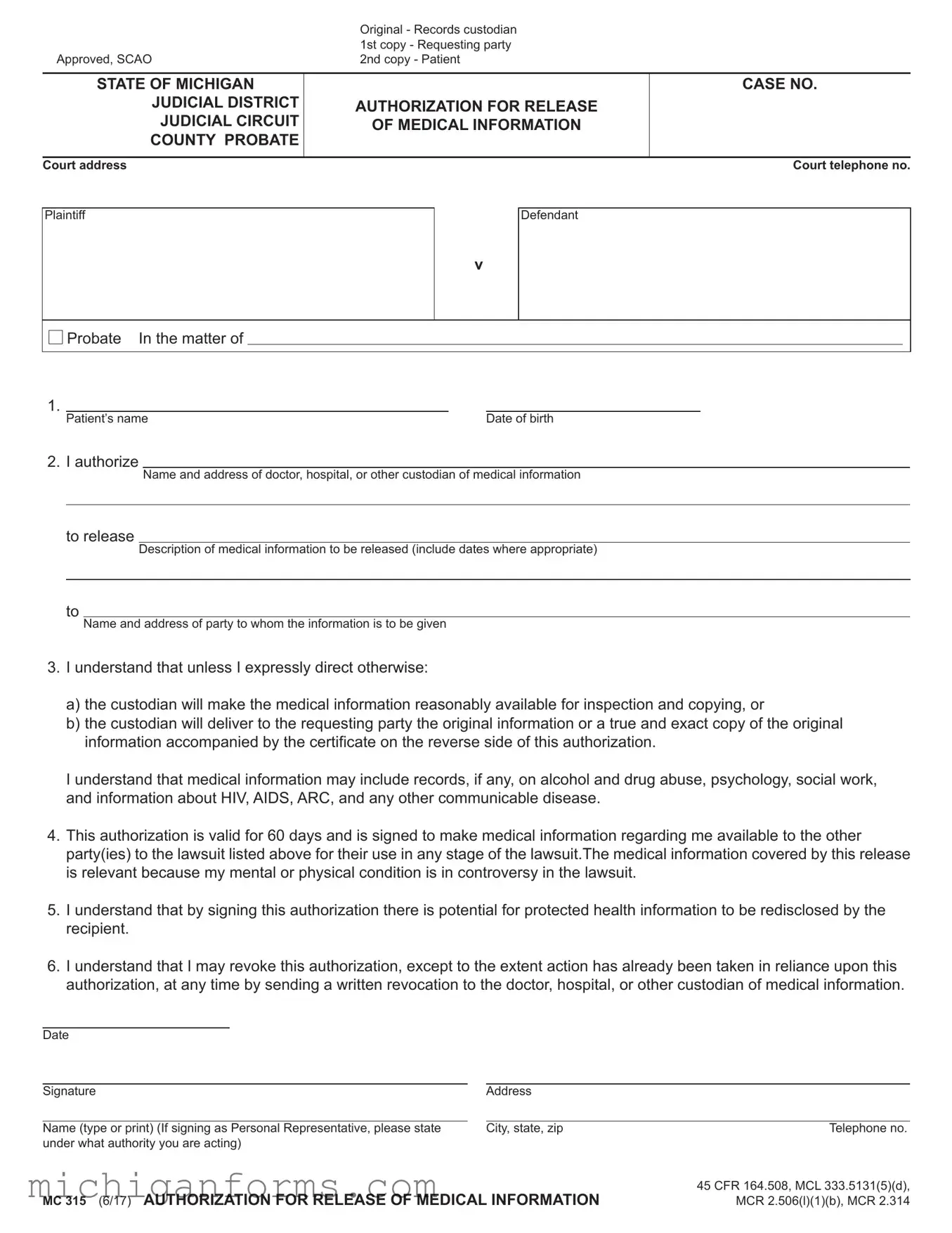 Michigan Mc 315 PDF Form