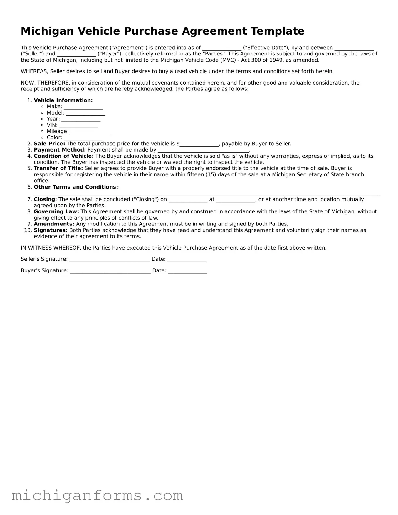  Vehicle Purchase Agreement Document for Michigan