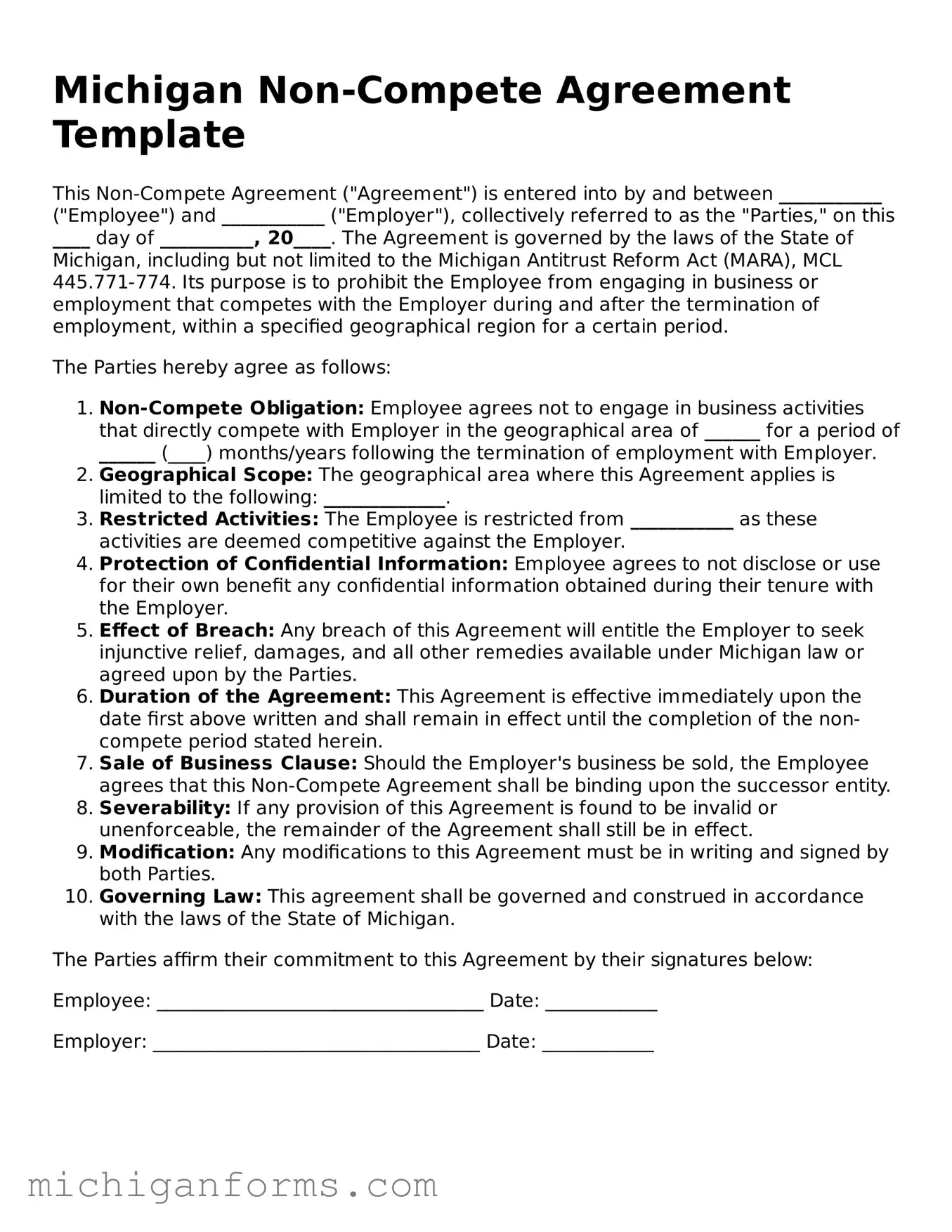  Non-compete Agreement Document for Michigan