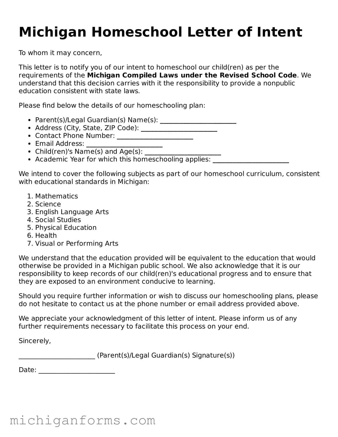  Homeschool Letter of Intent Document for Michigan
