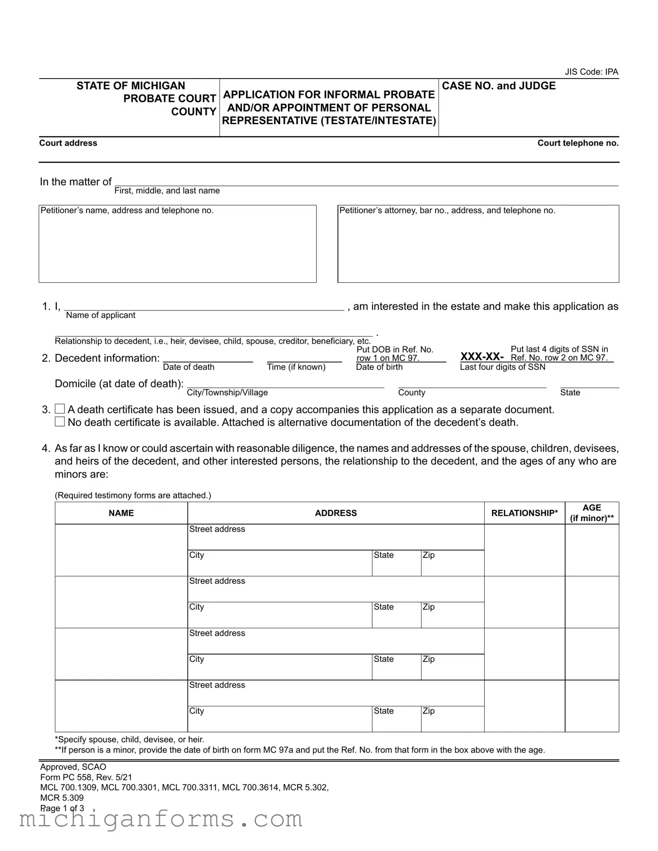 Michigan Pc 558 PDF Form