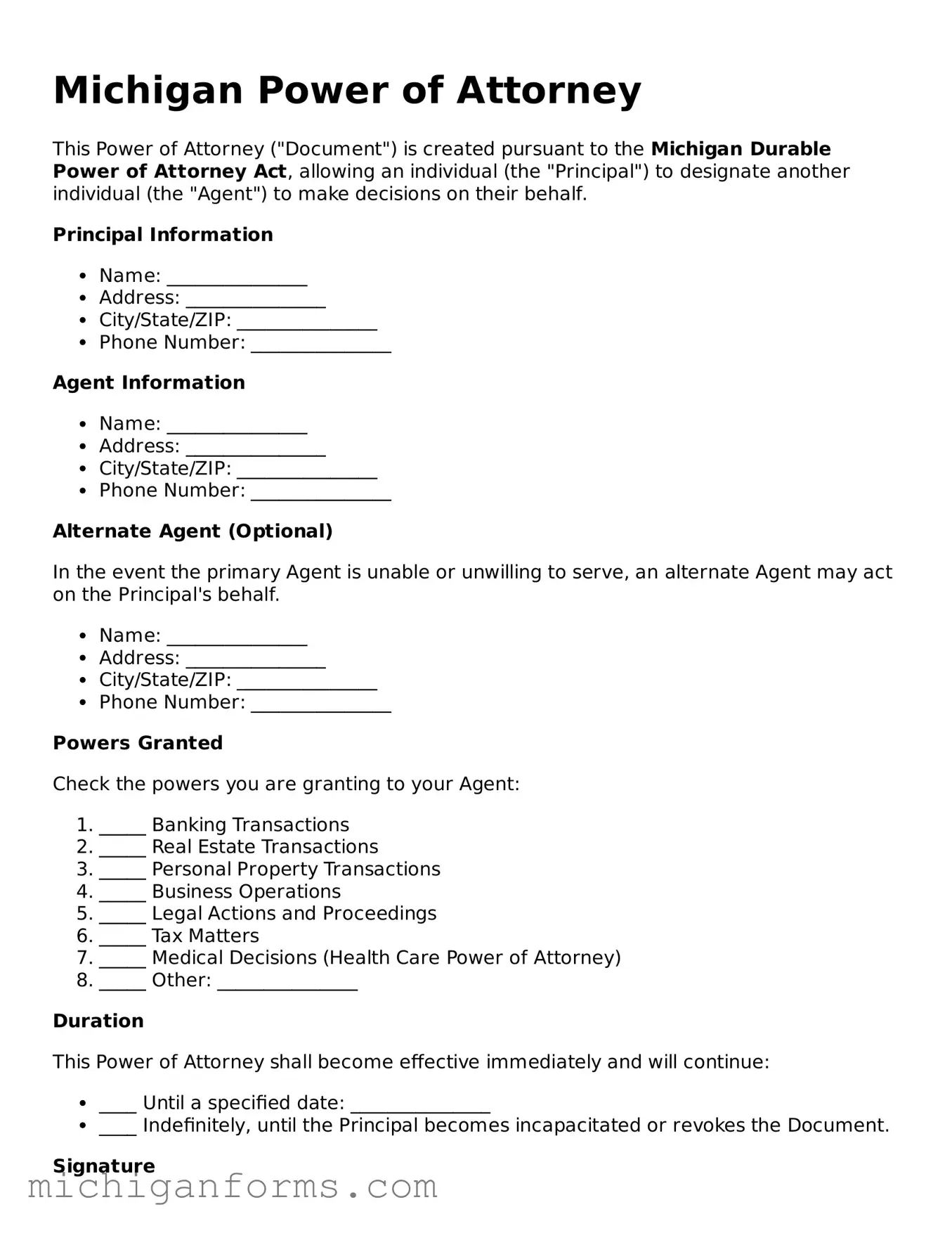  Power of Attorney Document for Michigan