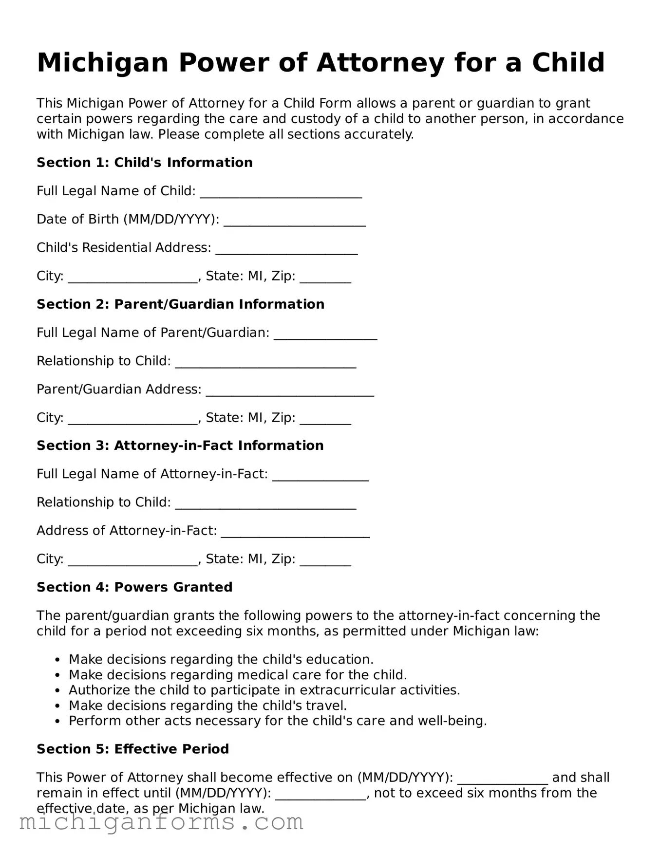  Power of Attorney for a Child Document for Michigan