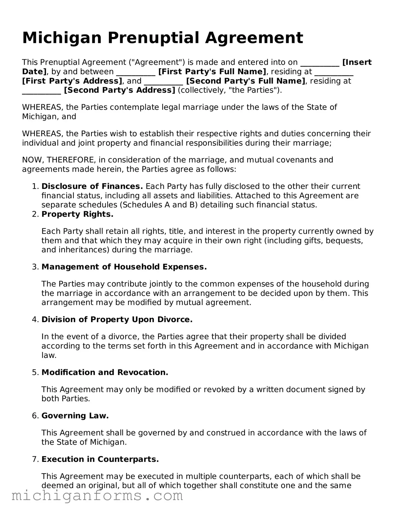  Prenuptial Agreement Document for Michigan