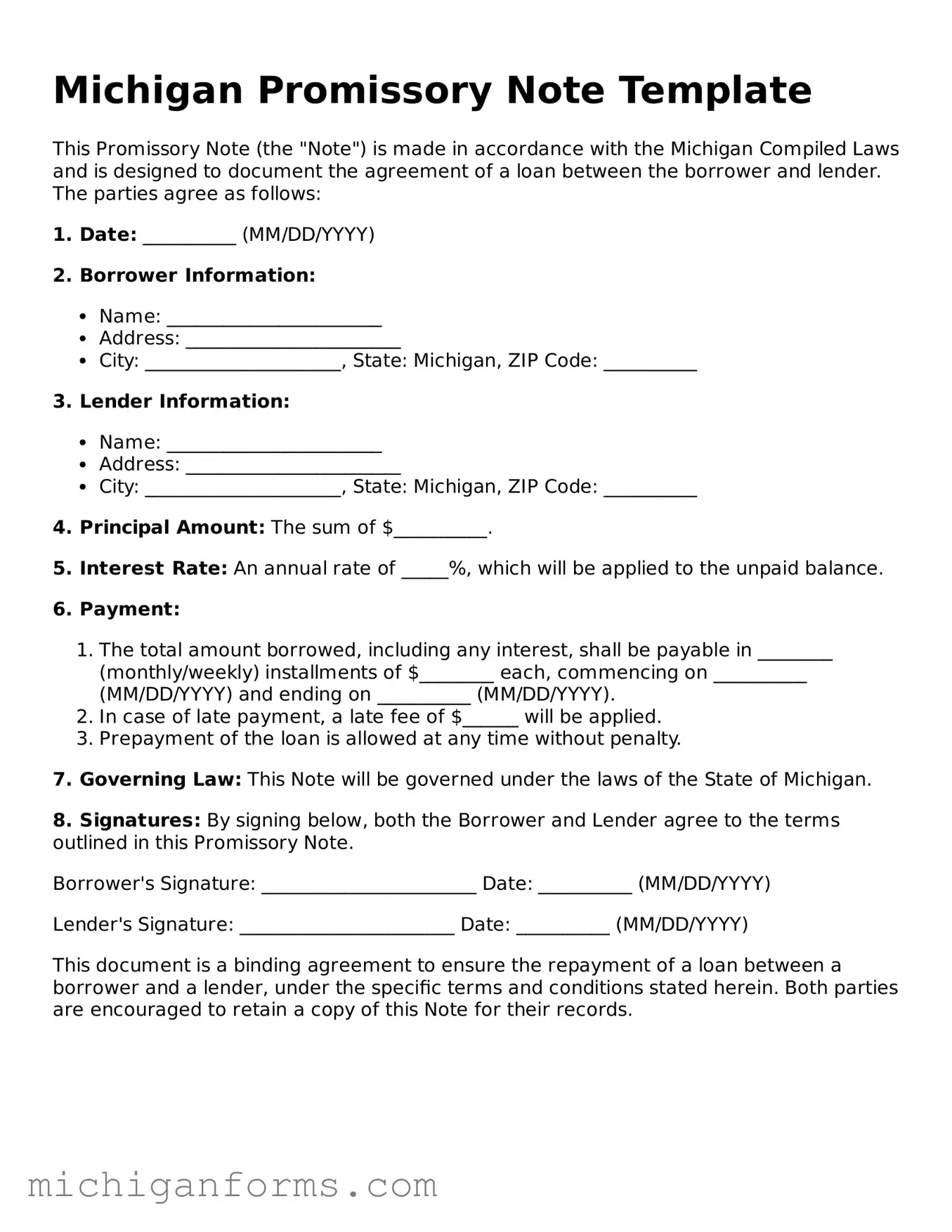  Promissory Note Document for Michigan