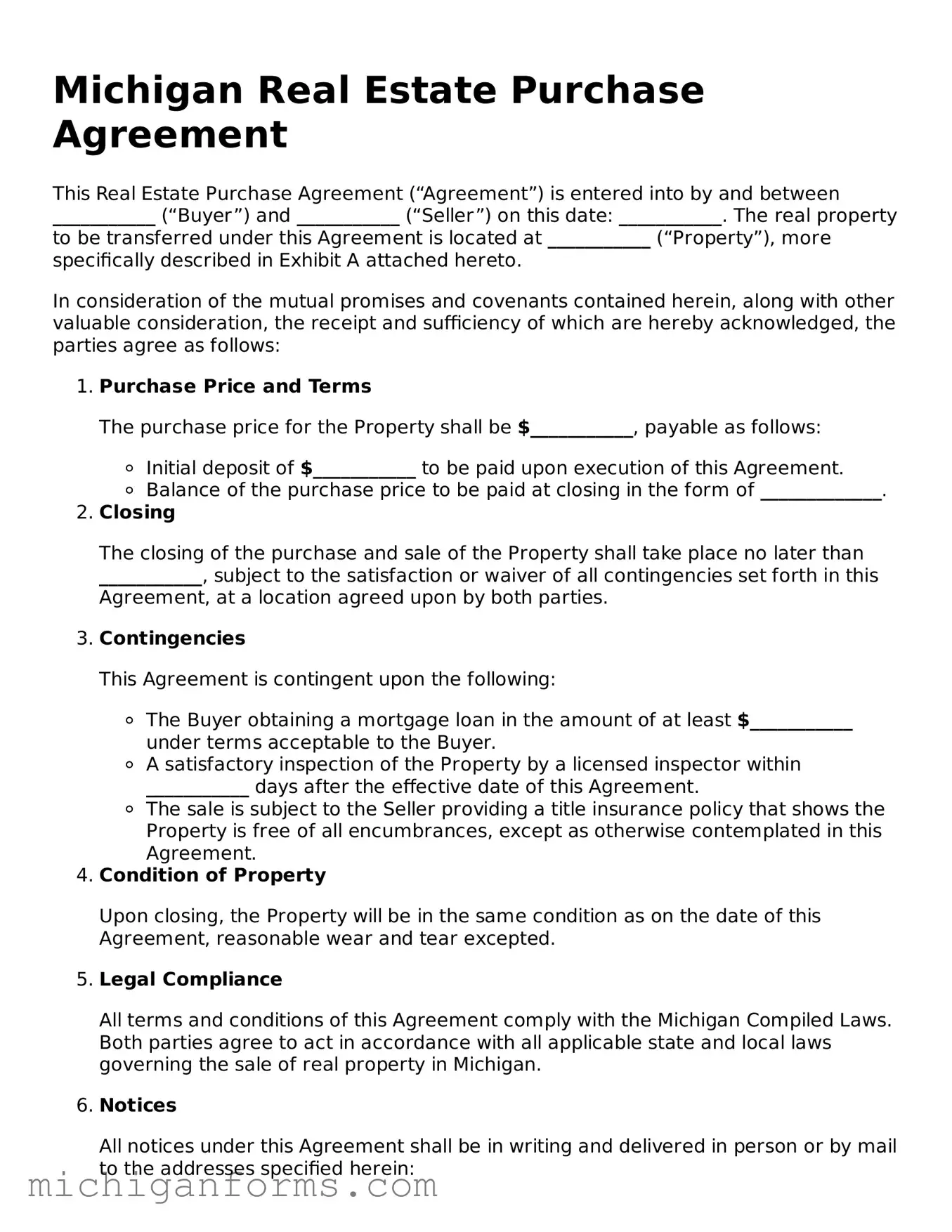  Real Estate Purchase Agreement Document for Michigan