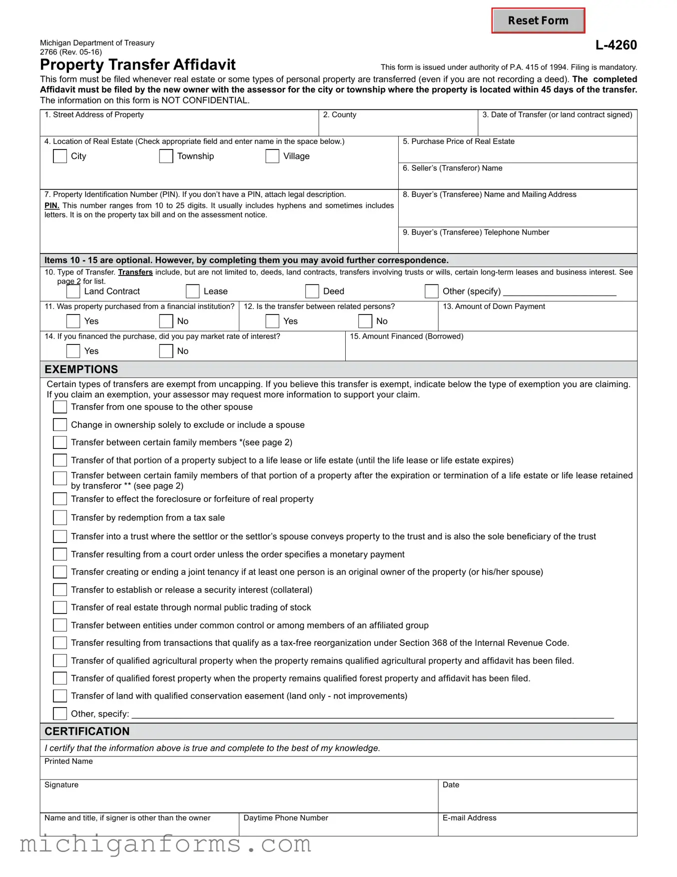 Michigan Property Transfer Affidavit 2766 PDF Form